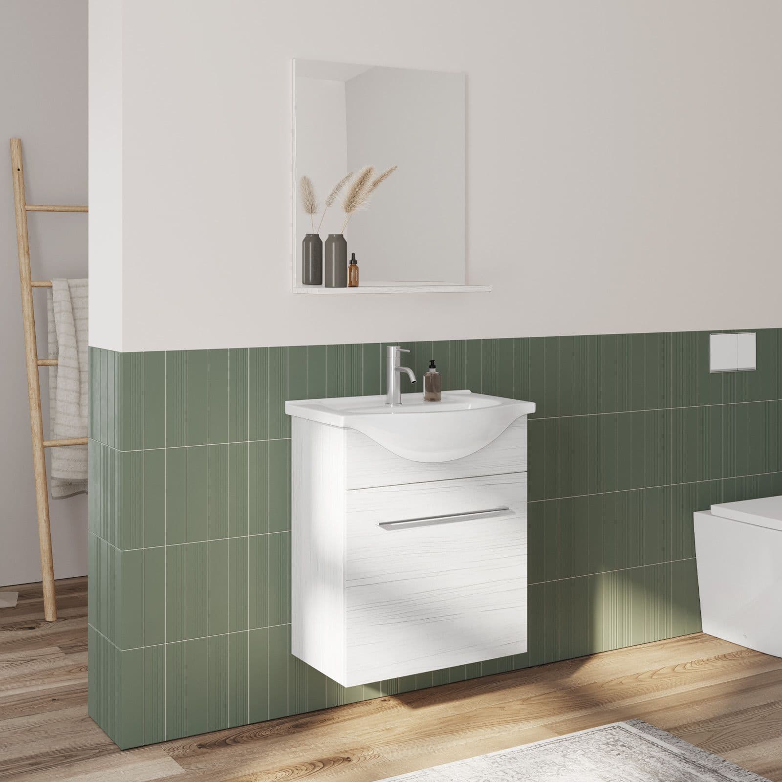 Mobile bagno sospeso 60 cm profondità 42 cm effetto legno di larice sbiancato con specchio - Ready