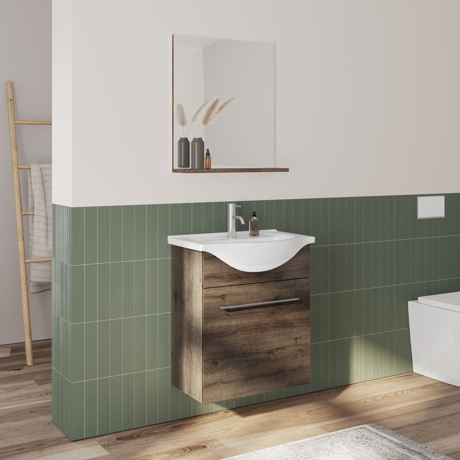 Mobile bagno sospeso 60 cm profondità 42 cm effetto legno pecan con specchio e mensola - Ready