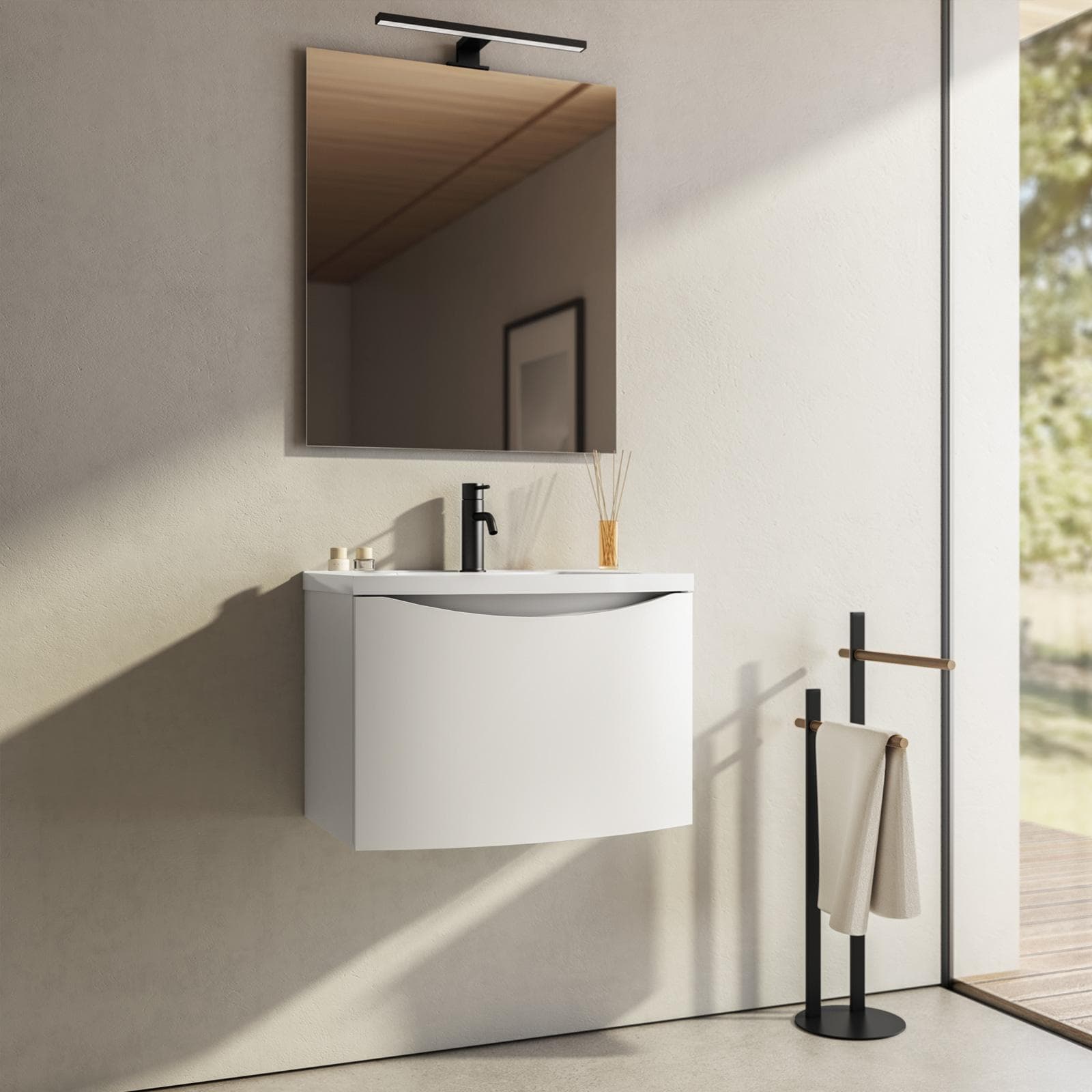 Mobile bagno sospeso 60 cm con cassetto con lavabo e specchio - Jasmine