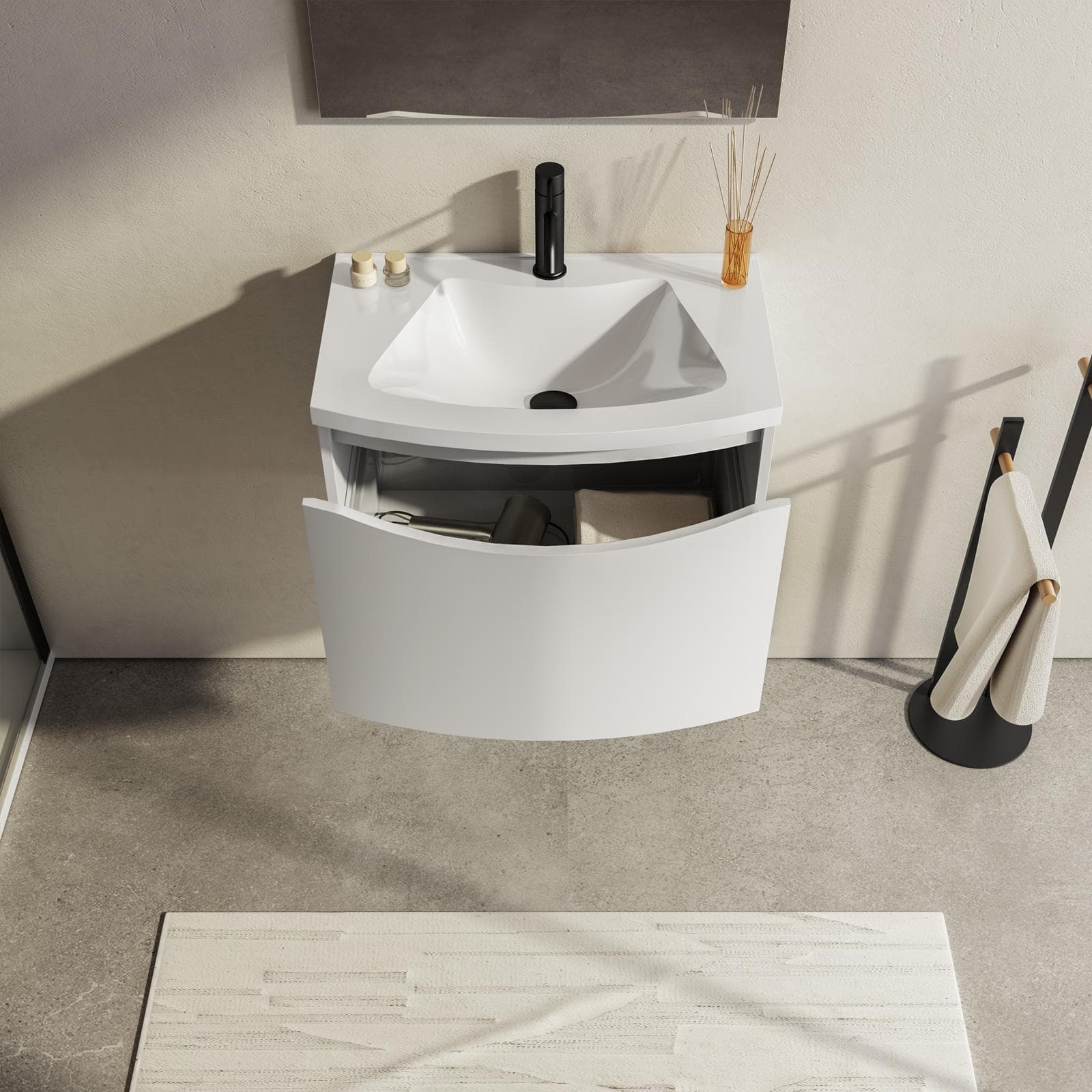 Mobile bagno sospeso 60 cm con cassetto con lavabo e specchio - Jasmine
