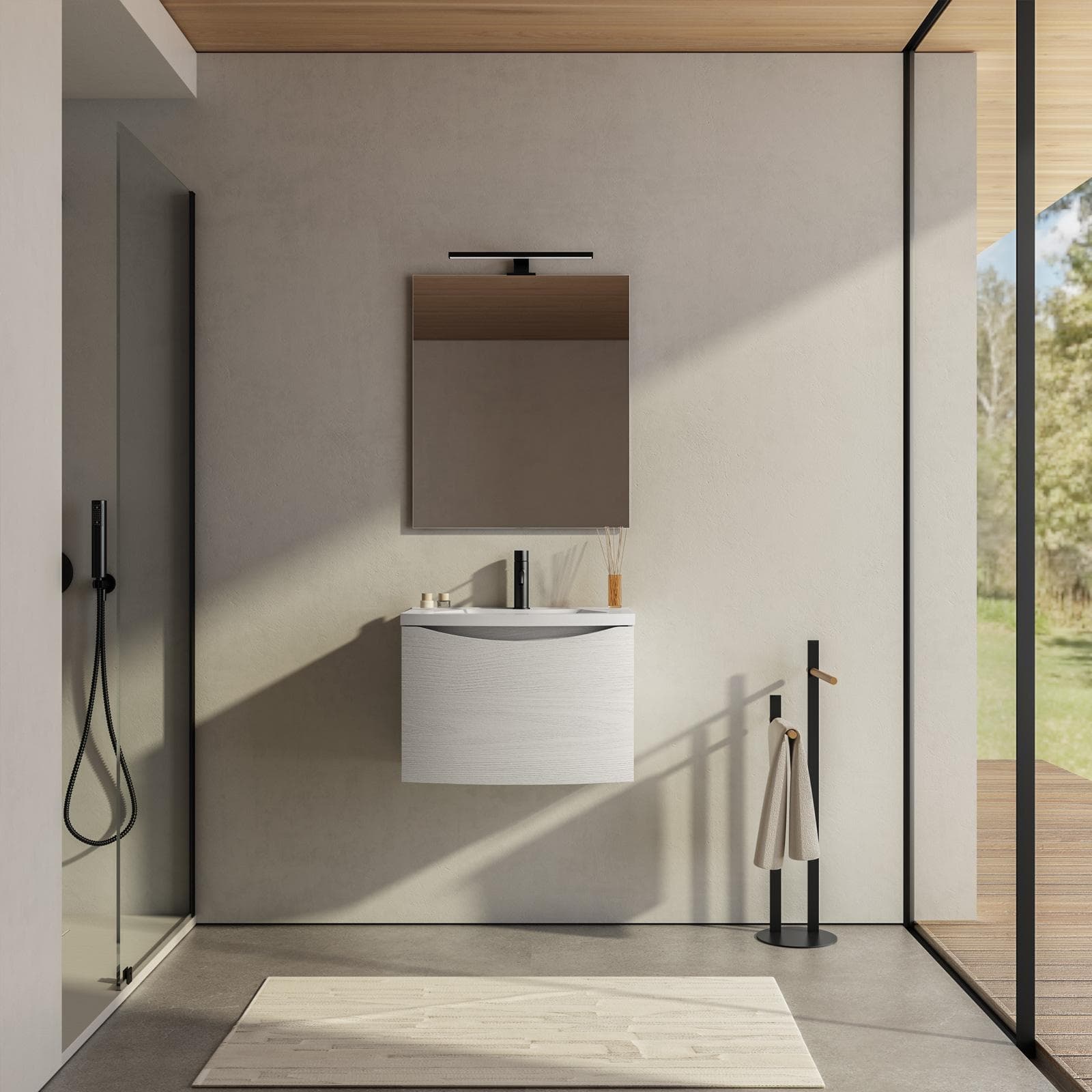 Mobile bagno sospeso 60 cm effetto legno sbiancato con lavabo e specchio - Jasmine
