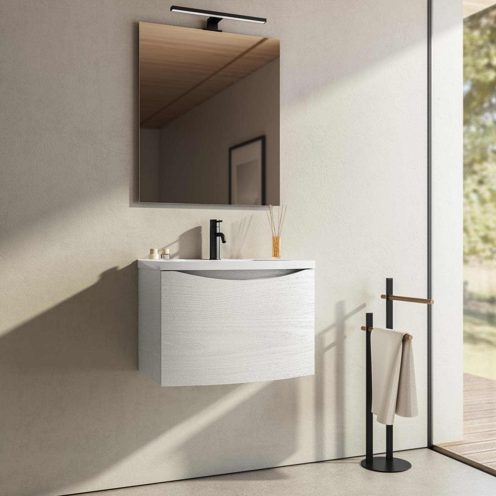 Mobile bagno sospeso 60 cm effetto legno sbiancato con lavabo e specchio - Jasmine