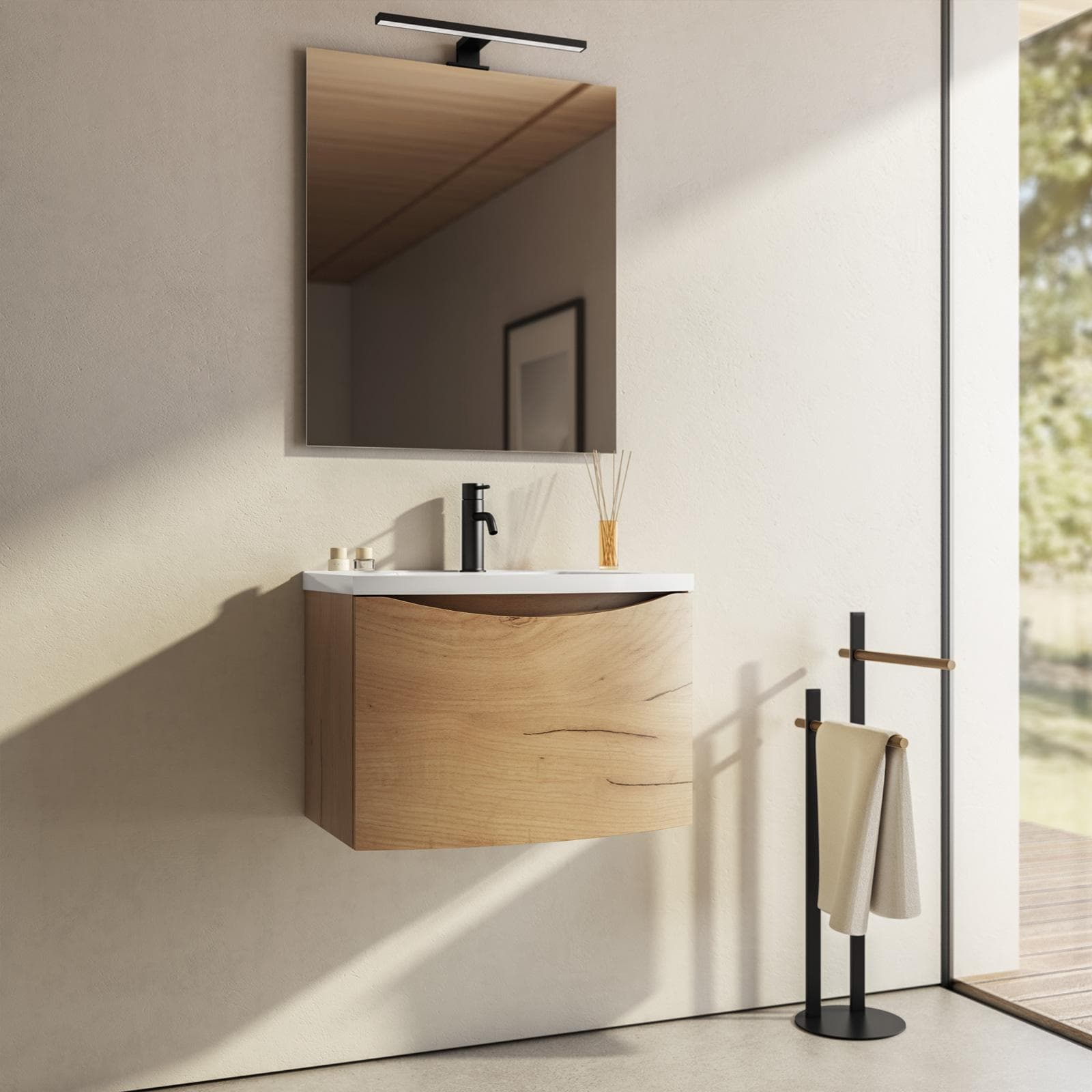 Mobile bagno sospeso 60 cm rovere con lavabo e specchio - Jasmine