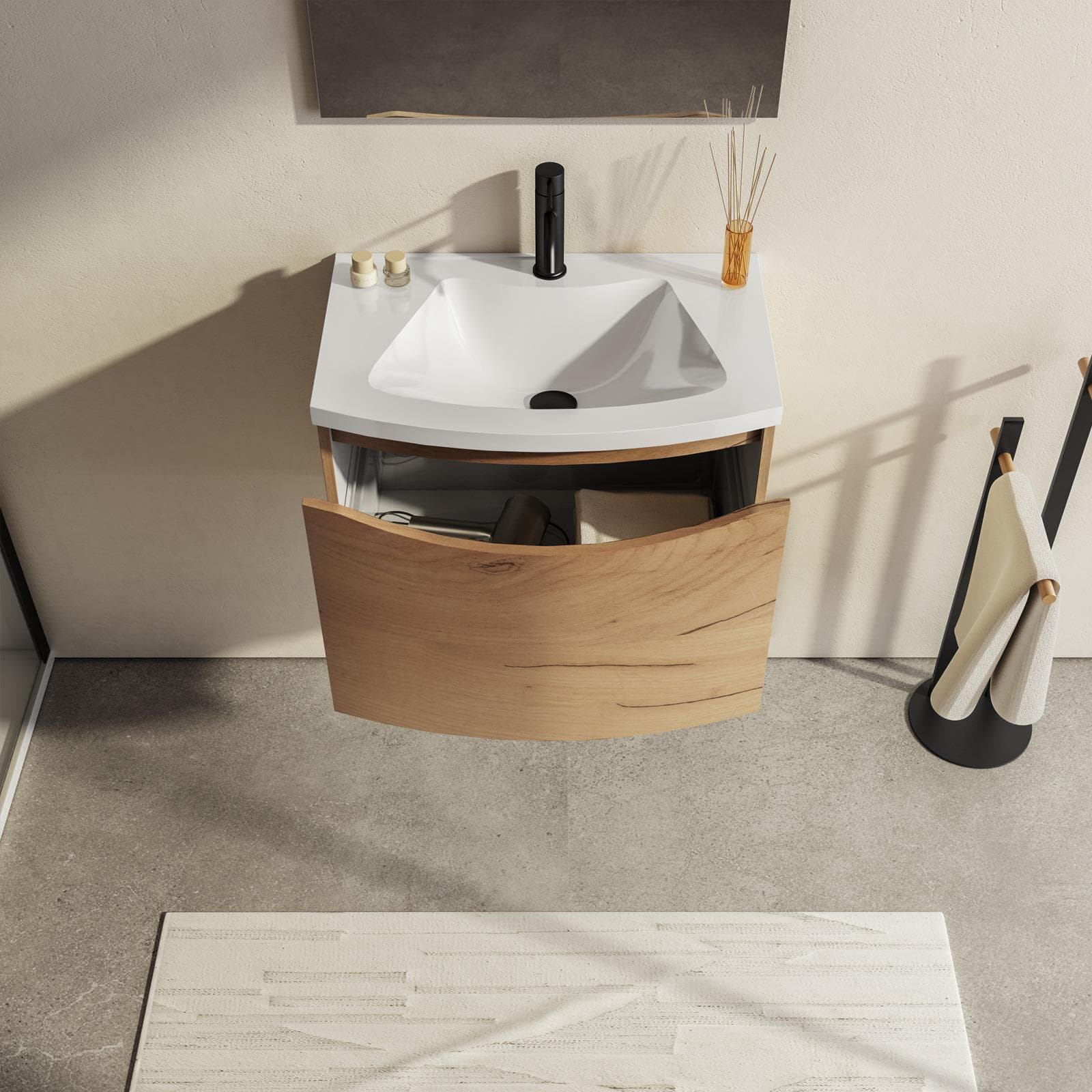 Mobile bagno sospeso 60 cm rovere con lavabo e specchio - Jasmine