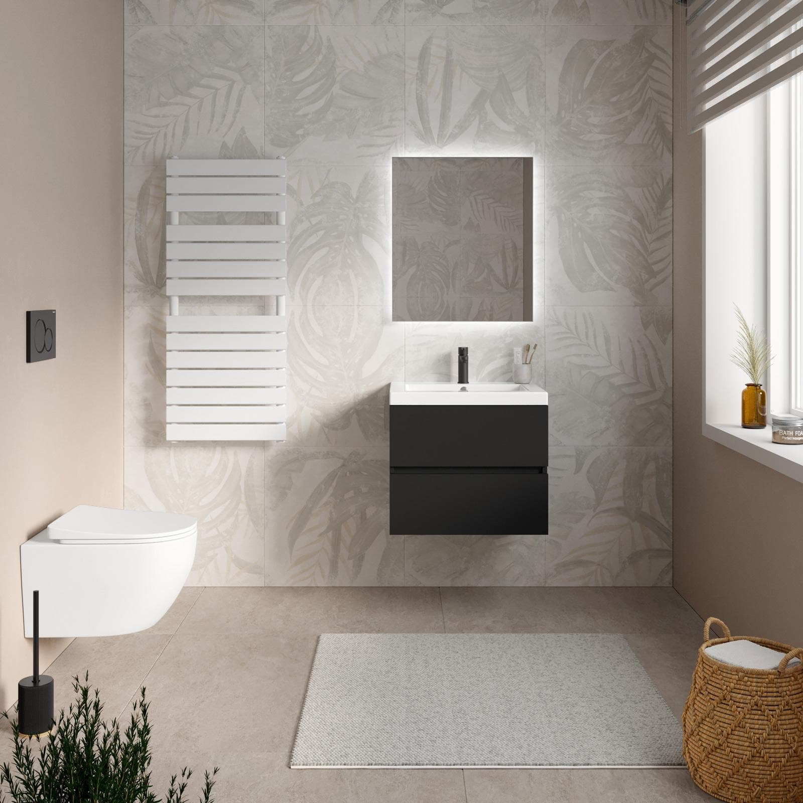 Mobile bagno sospeso 60 cm nero opaco con 2 cassetti e lavabo con specchio - Cuki