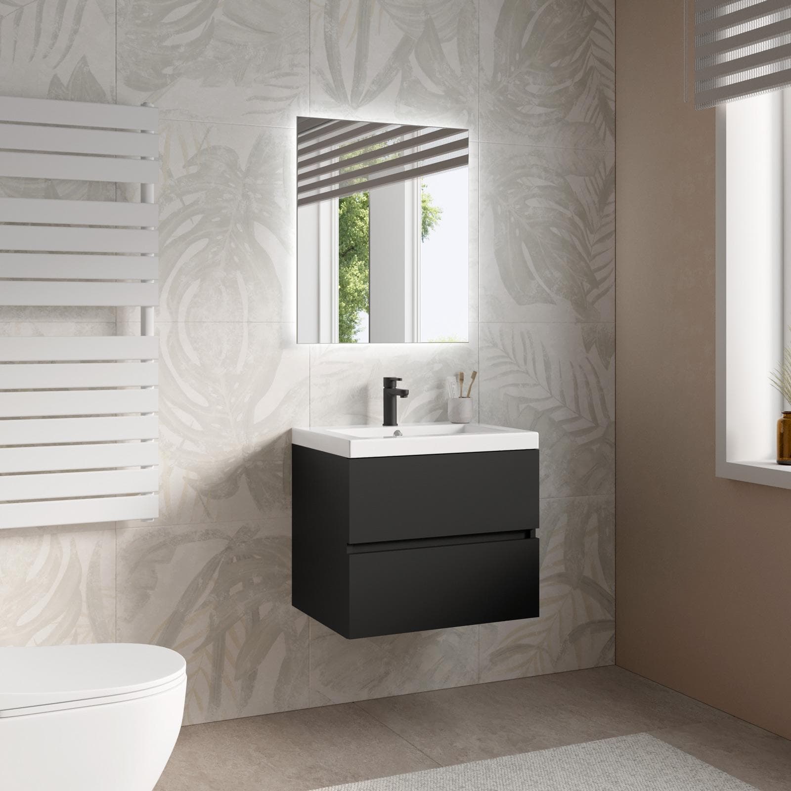 Mobile bagno sospeso 60 cm nero opaco con 2 cassetti e lavabo con specchio - Cuki