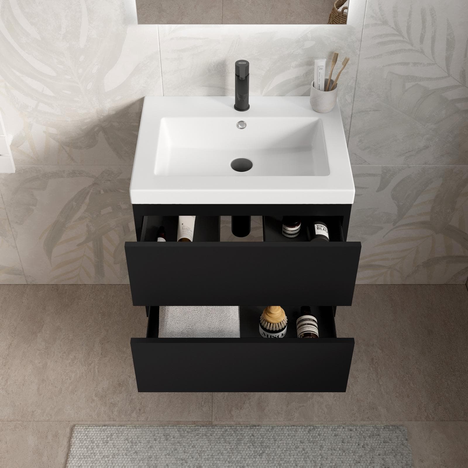 Mobile bagno sospeso 60 cm nero opaco con 2 cassetti e lavabo con specchio - Cuki
