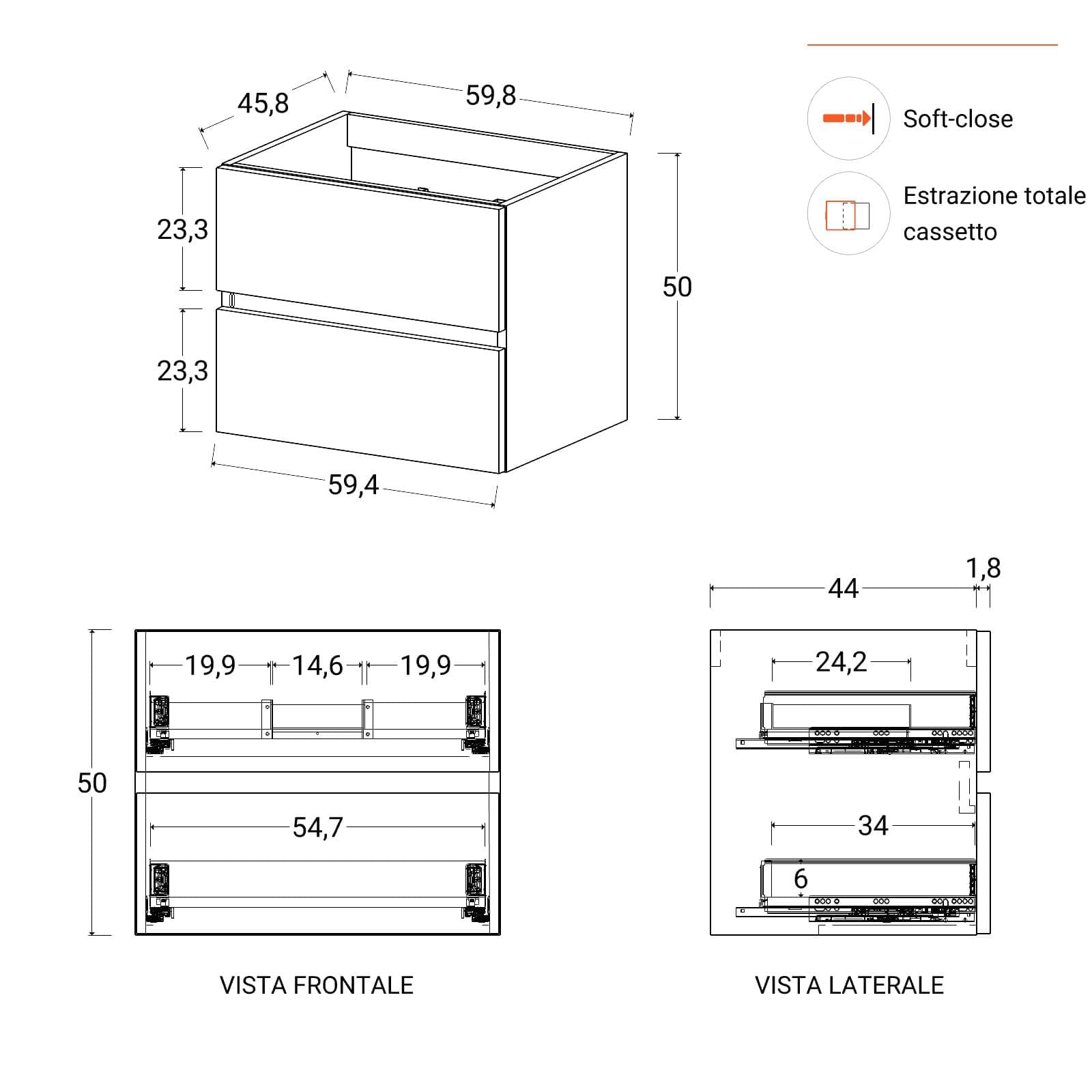 Mobile bagno sospeso 60 cm nero opaco con 2 cassetti e lavabo con specchio - Cuki