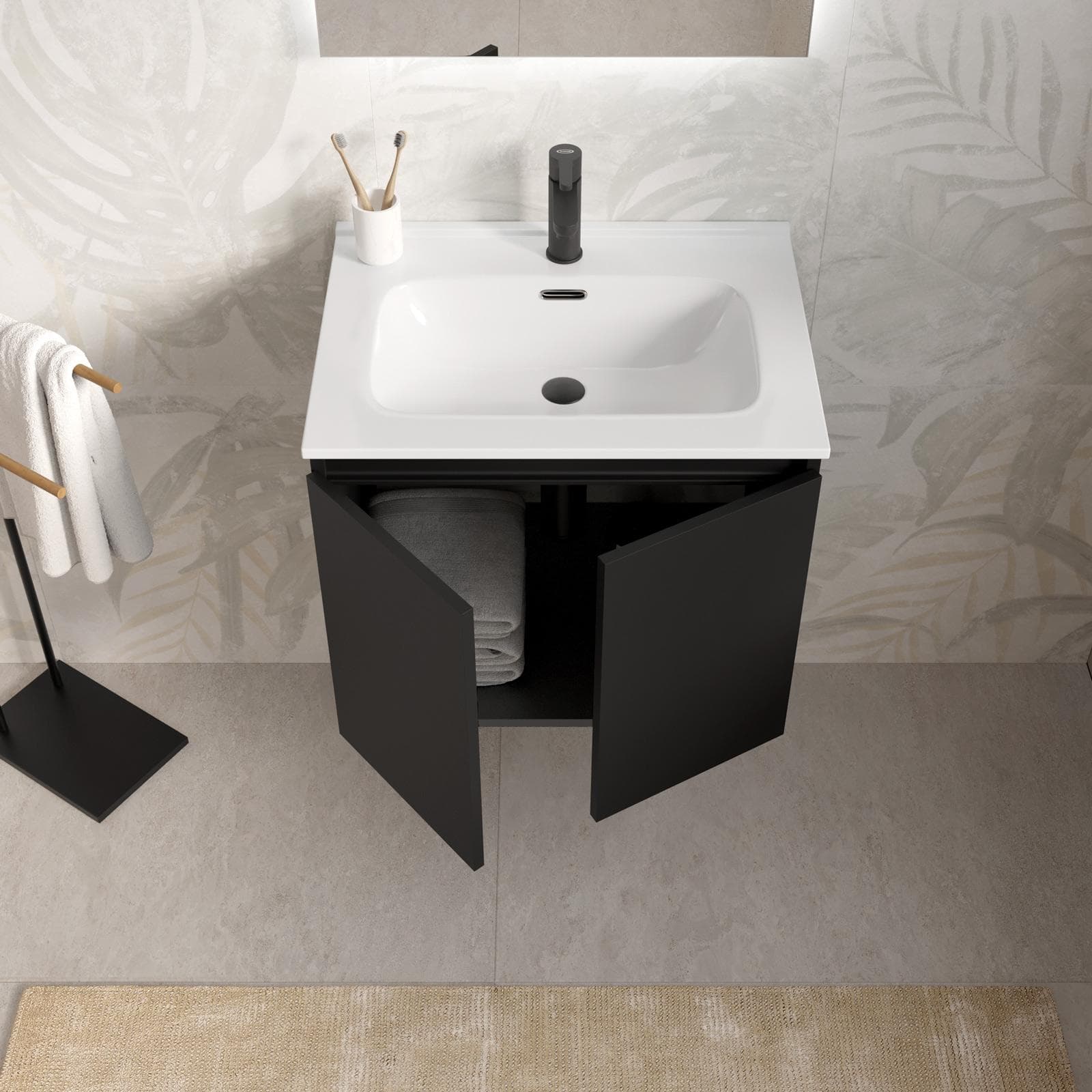 Mobile bagno sospeso 60 cm nero opaco con lavabo e specchio - Cuki