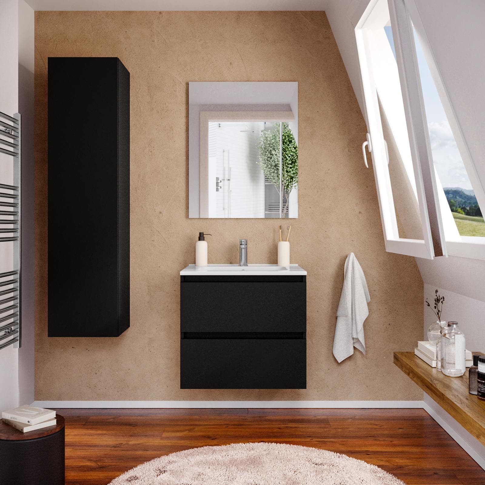 Mobile bagno sospeso 60 cm nero opaco con lavabo integrato e specchio - Anami
