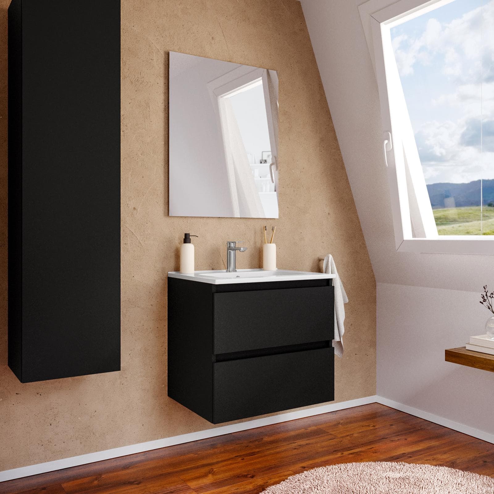 Mobile bagno sospeso 60 cm nero opaco con lavabo integrato e specchio - Anami