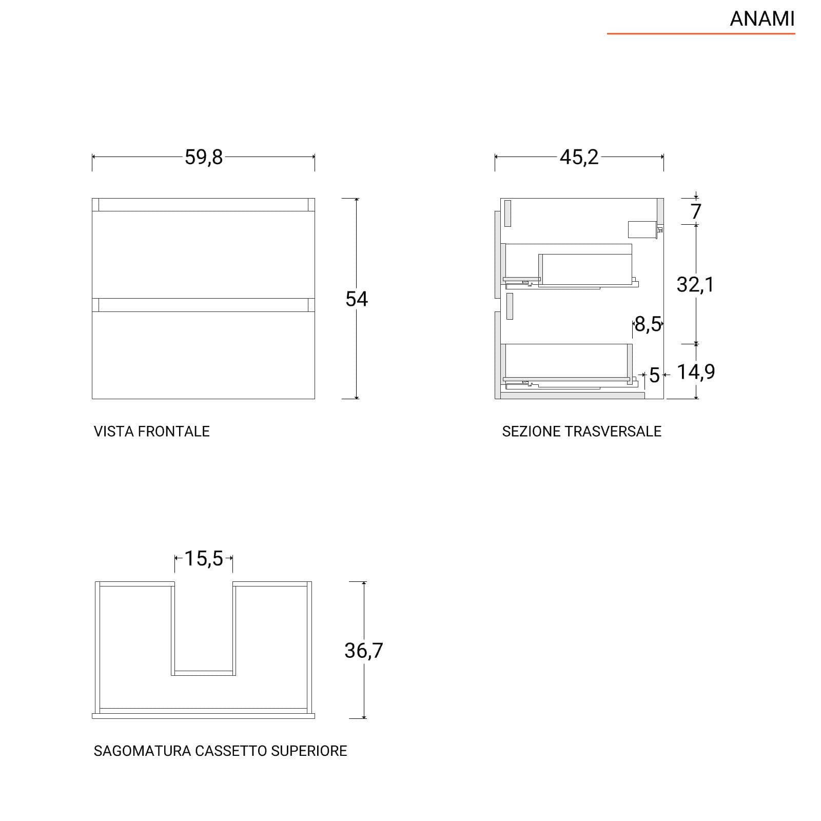 Mobile bagno sospeso 60 cm nero opaco con lavabo integrato e specchio - Anami