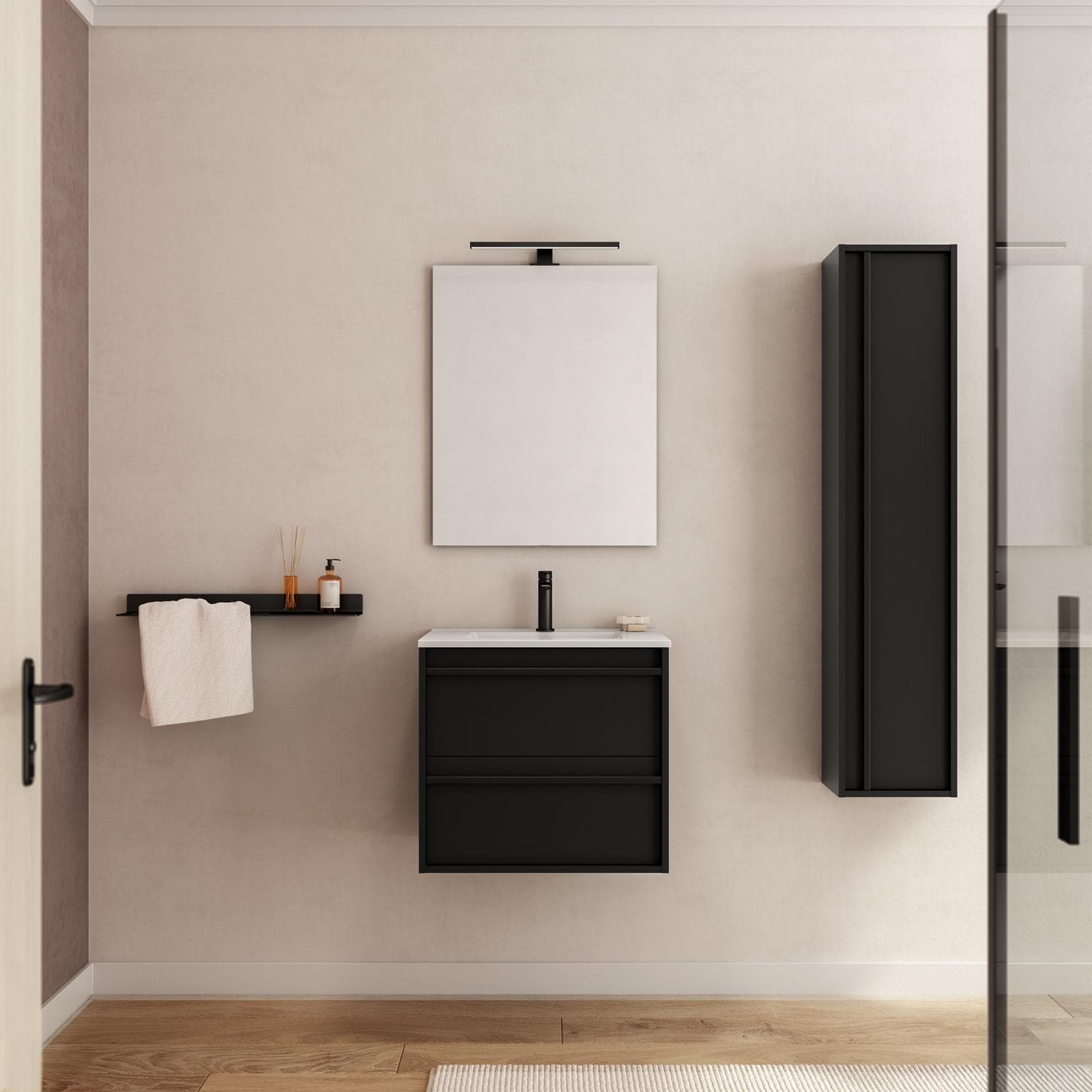 Mobile bagno sospeso 60 cm nero satinato con lavabo e specchio - Maestro