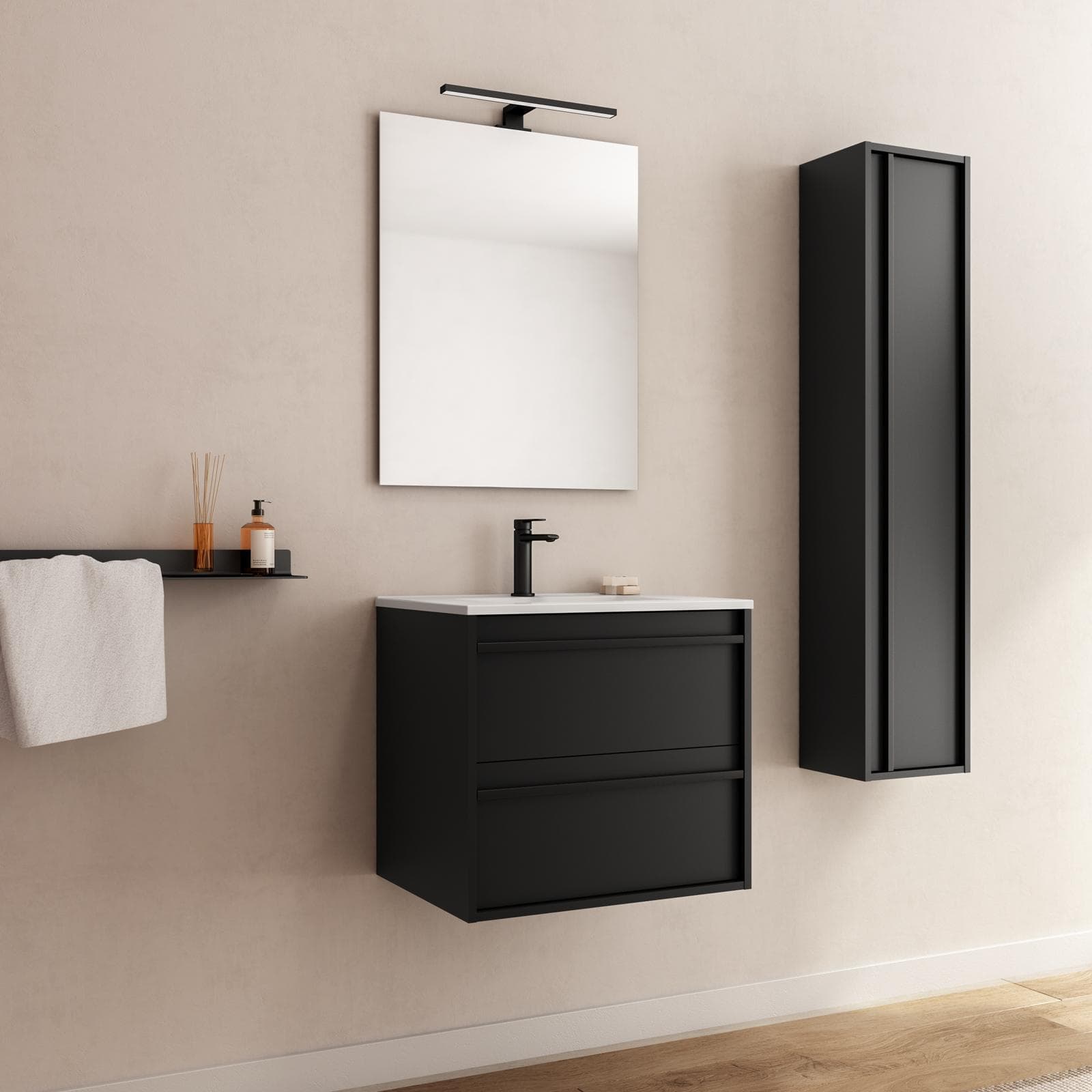 Mobile bagno sospeso 60 cm nero satinato con lavabo e specchio - Maestro