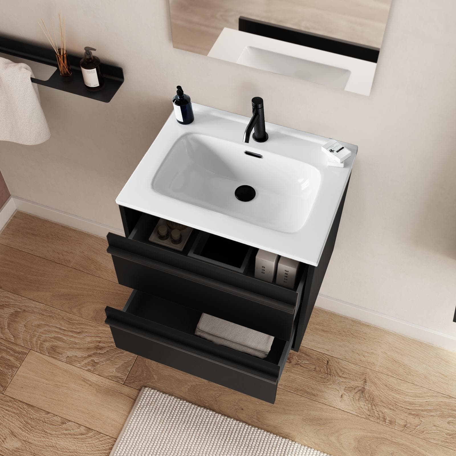 Mobile bagno sospeso 60 cm nero satinato con lavabo e specchio - Maestro