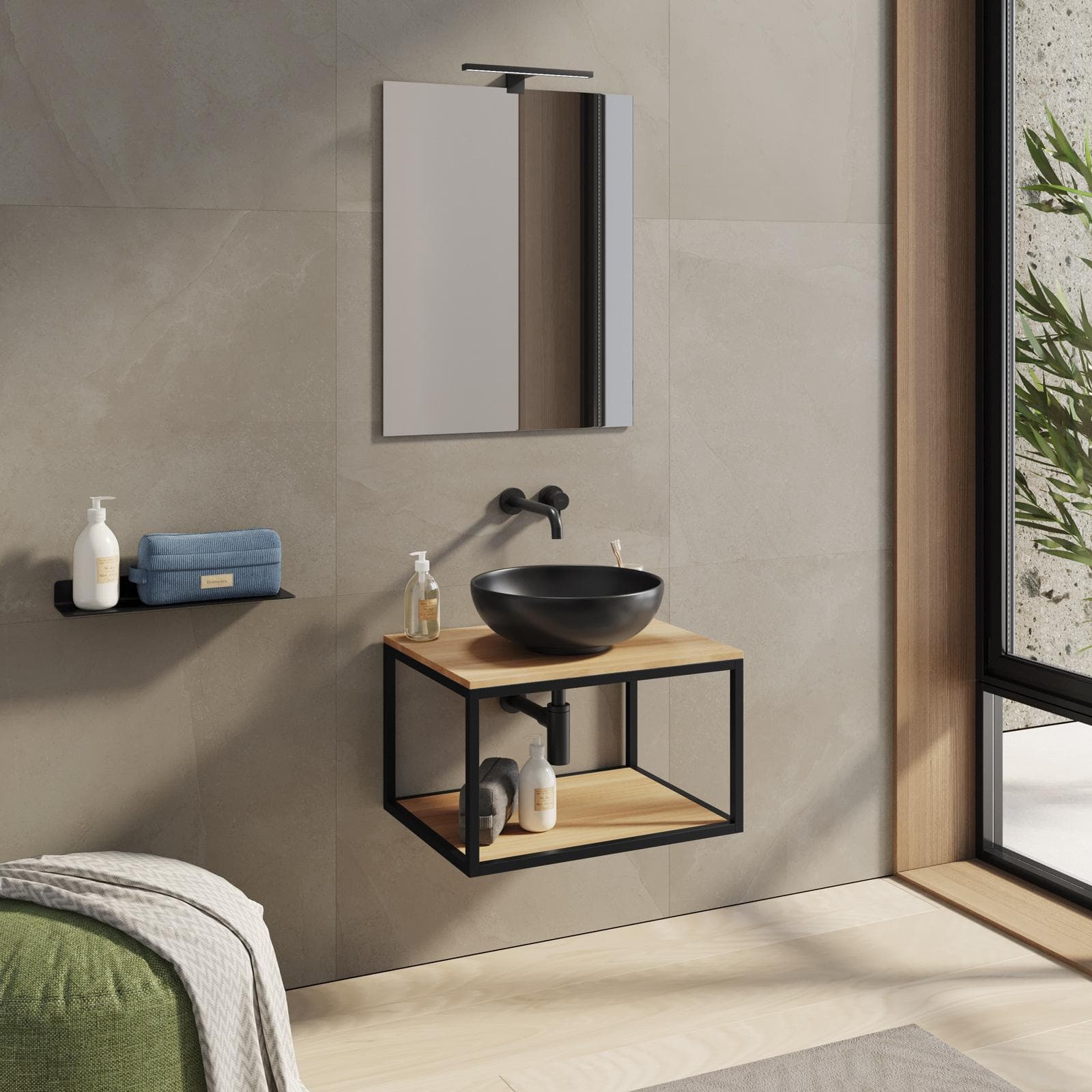 Mobile bagno sospeso 60 cm portalavabo nero e rovere con specchio - Axis