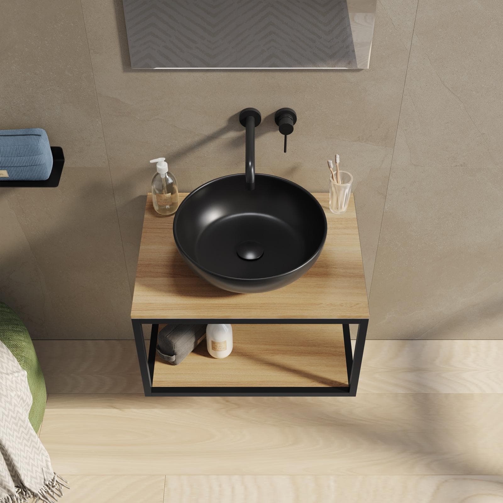 Mobile bagno sospeso 60 cm portalavabo nero e rovere con specchio - Axis