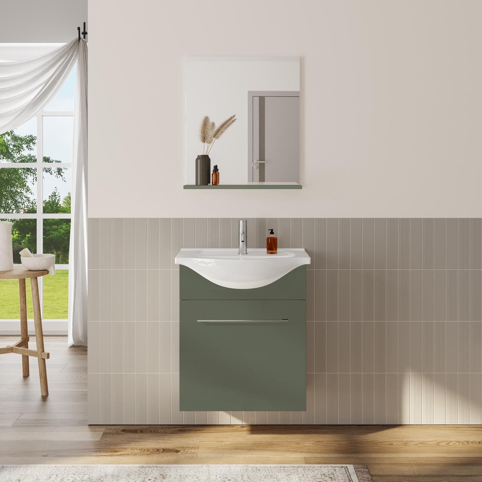 Mobile bagno sospeso 60 cm profondità 42 cm verde street con specchio e mensola - Ready