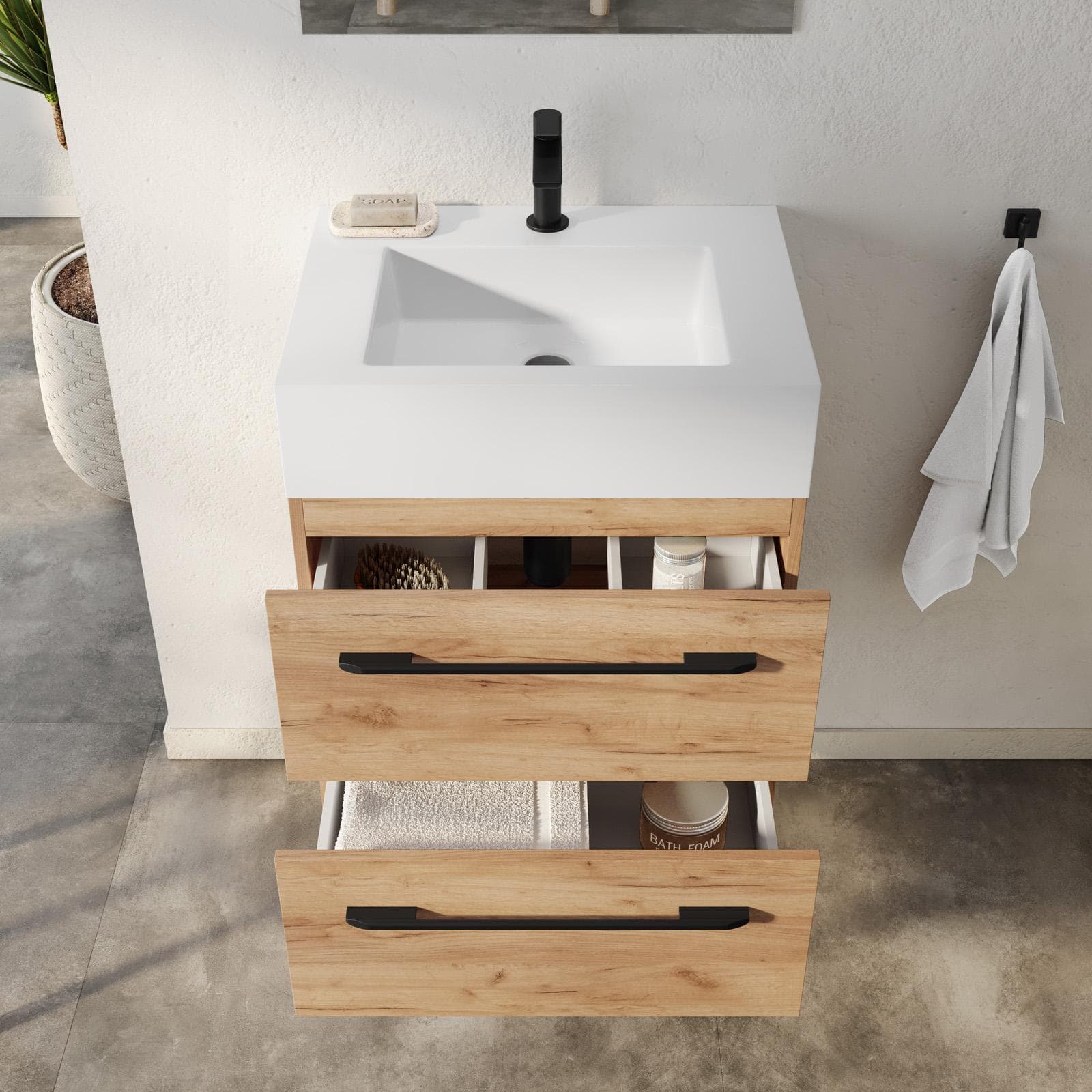 Mobile bagno sospeso 60 cm rovere africa con top lavabo bianco opaco e specchio - Maylin