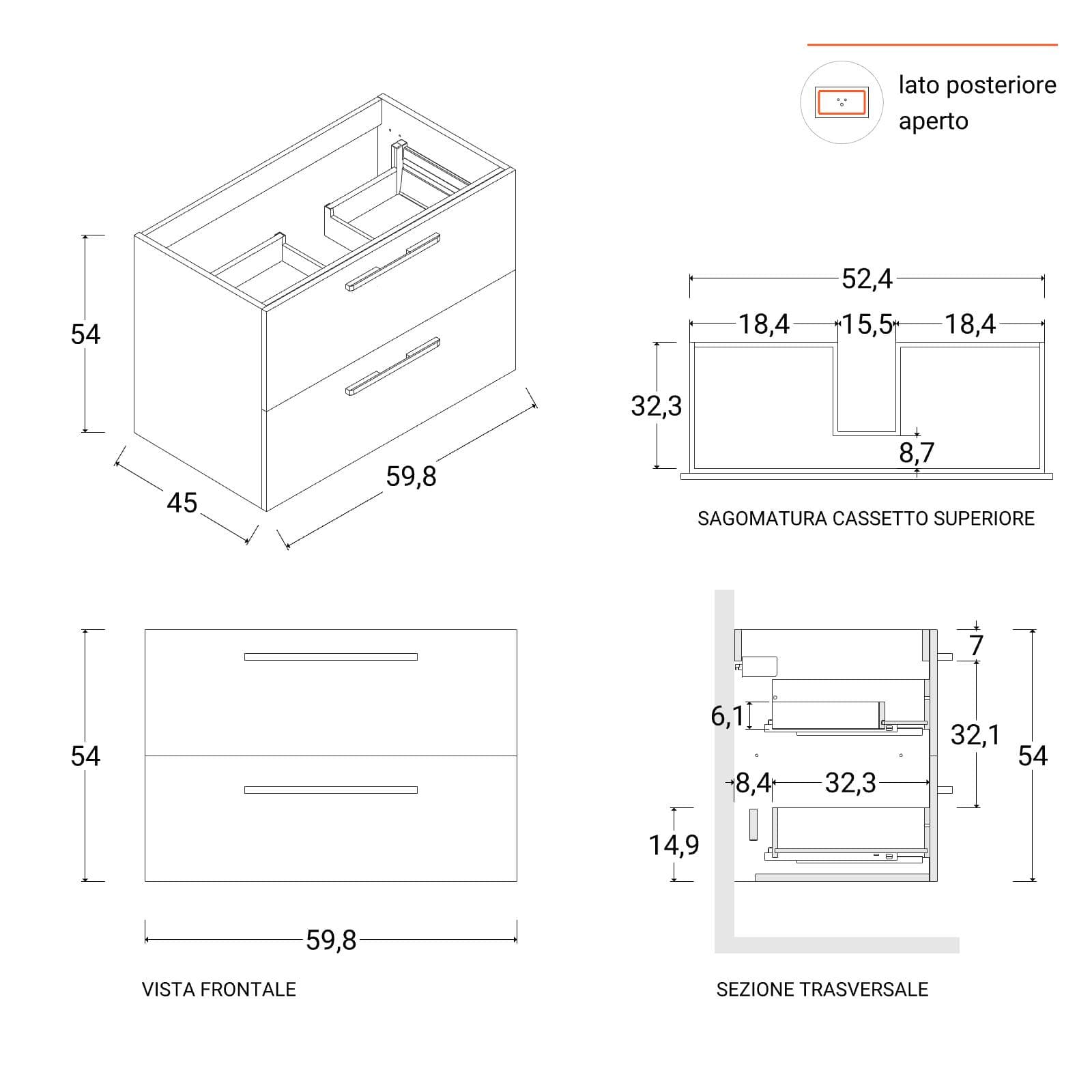 Mobile bagno sospeso 60 cm rovere africa con top lavabo bianco opaco e specchio - Maylin