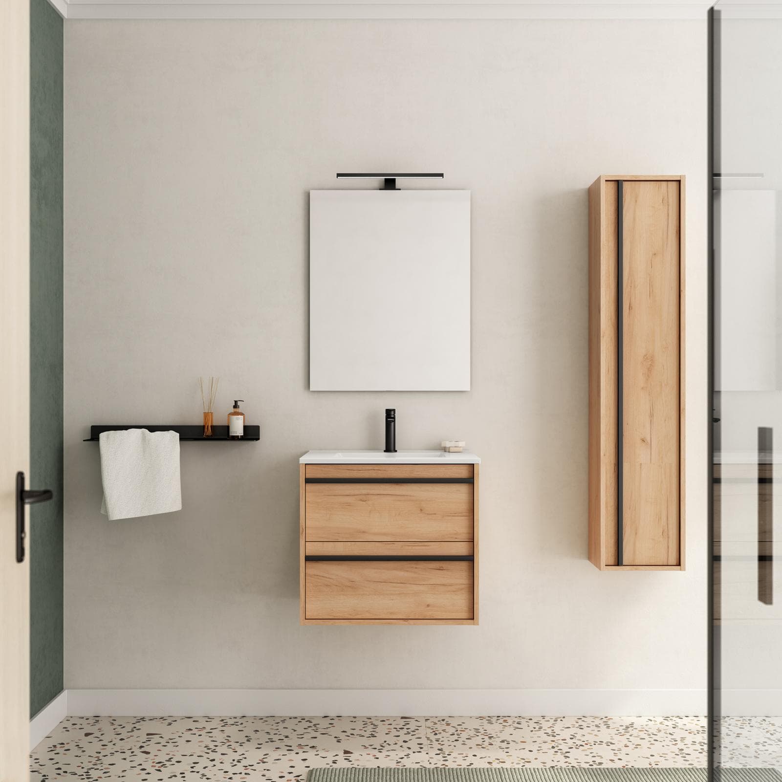 Mobile bagno sospeso 60 cm rovere africa con lavabo e specchio - Maestro