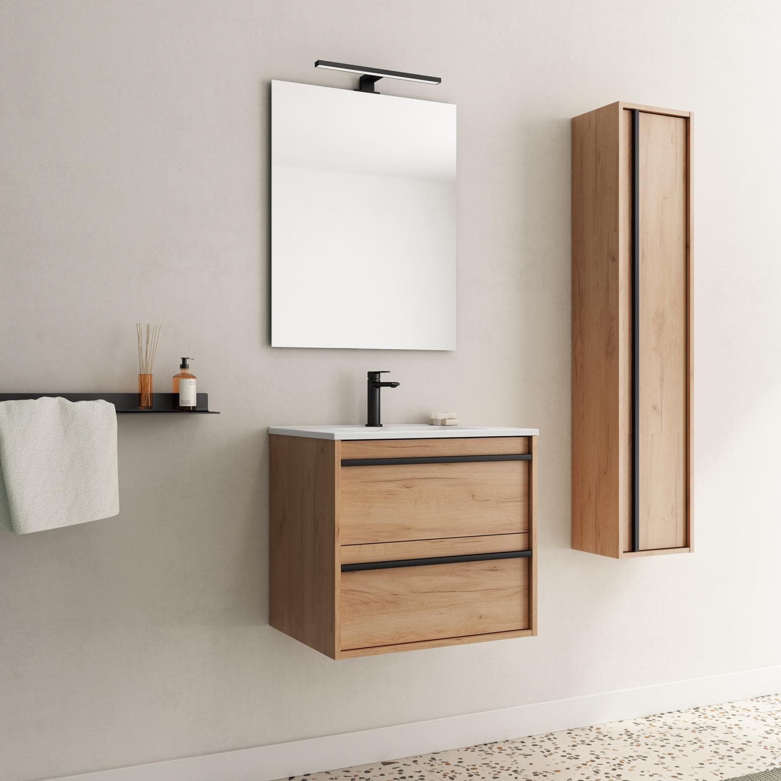 Mobile bagno sospeso 60 cm rovere africa con lavabo e specchio - Maestro