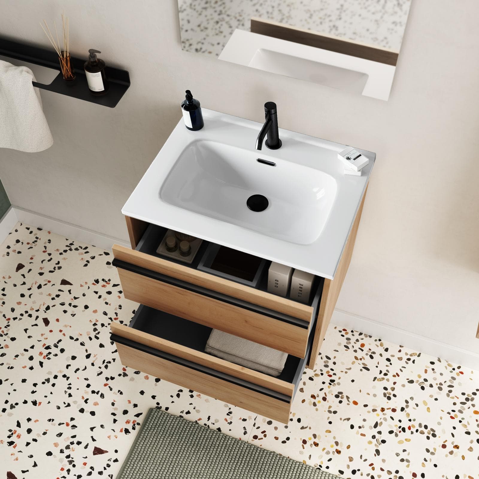 Mobile bagno sospeso 60 cm rovere africa con lavabo e specchio - Maestro