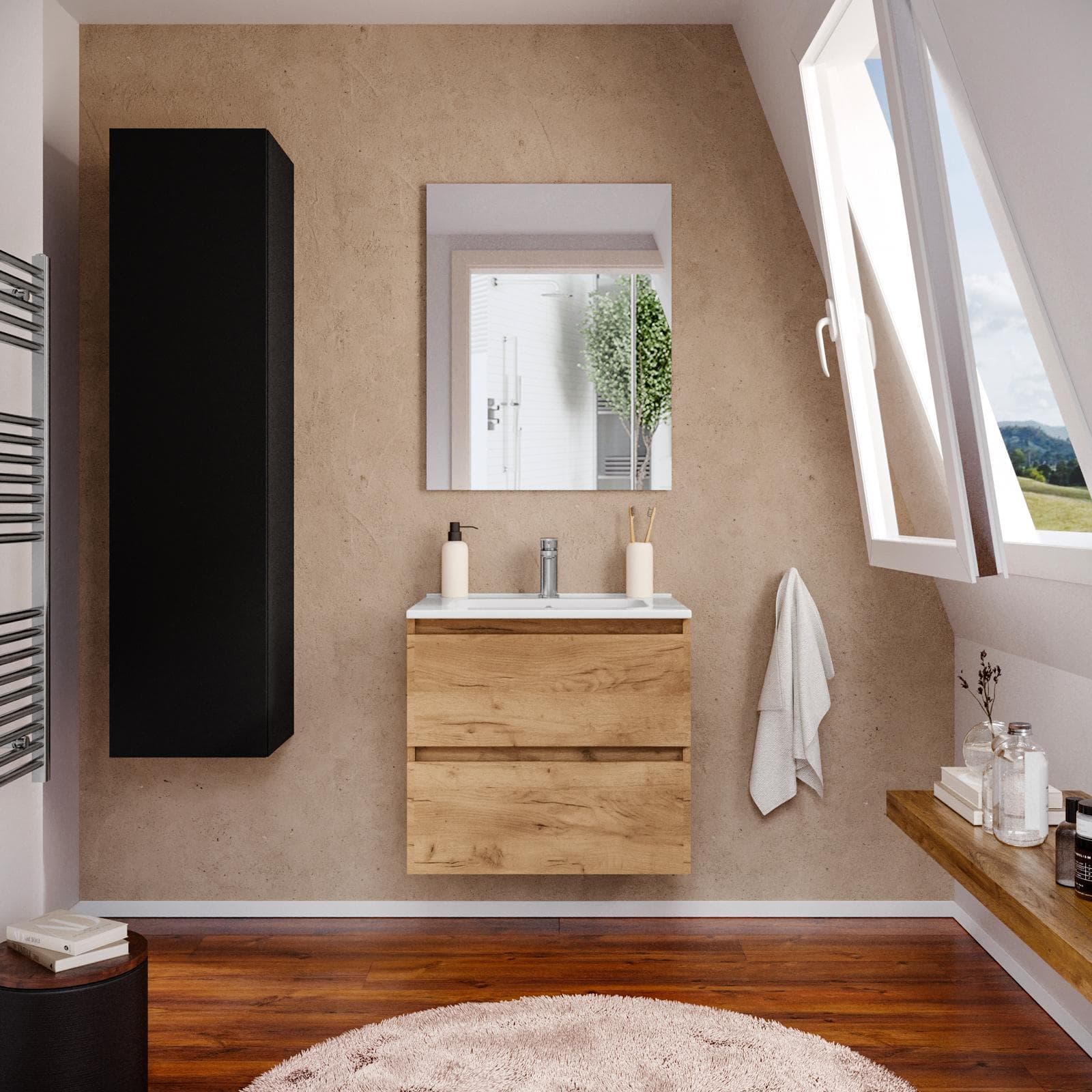 Mobile bagno sospeso 60 cm rovere africa con lavabo integrato e specchio - Anami