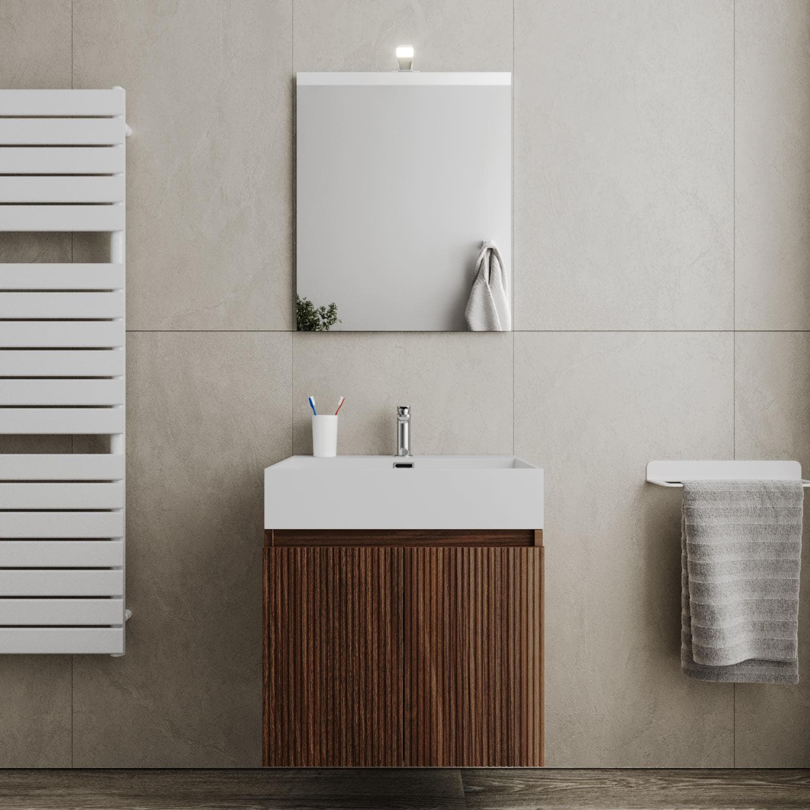 Mobile bagno sospeso 60 cm rovere deciso cannettato con ante e lavabo con specchio - Nerk