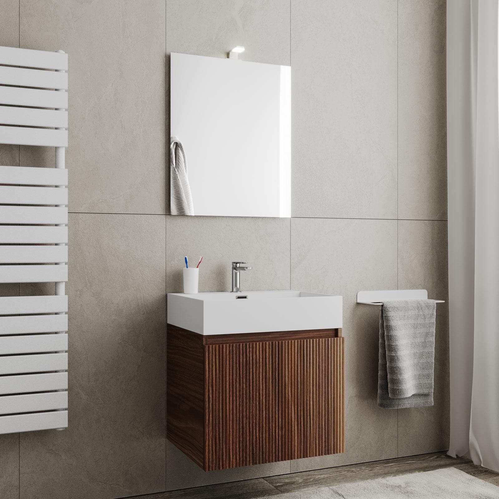 Mobile bagno sospeso 60 cm rovere deciso cannettato con ante e lavabo con specchio - Nerk