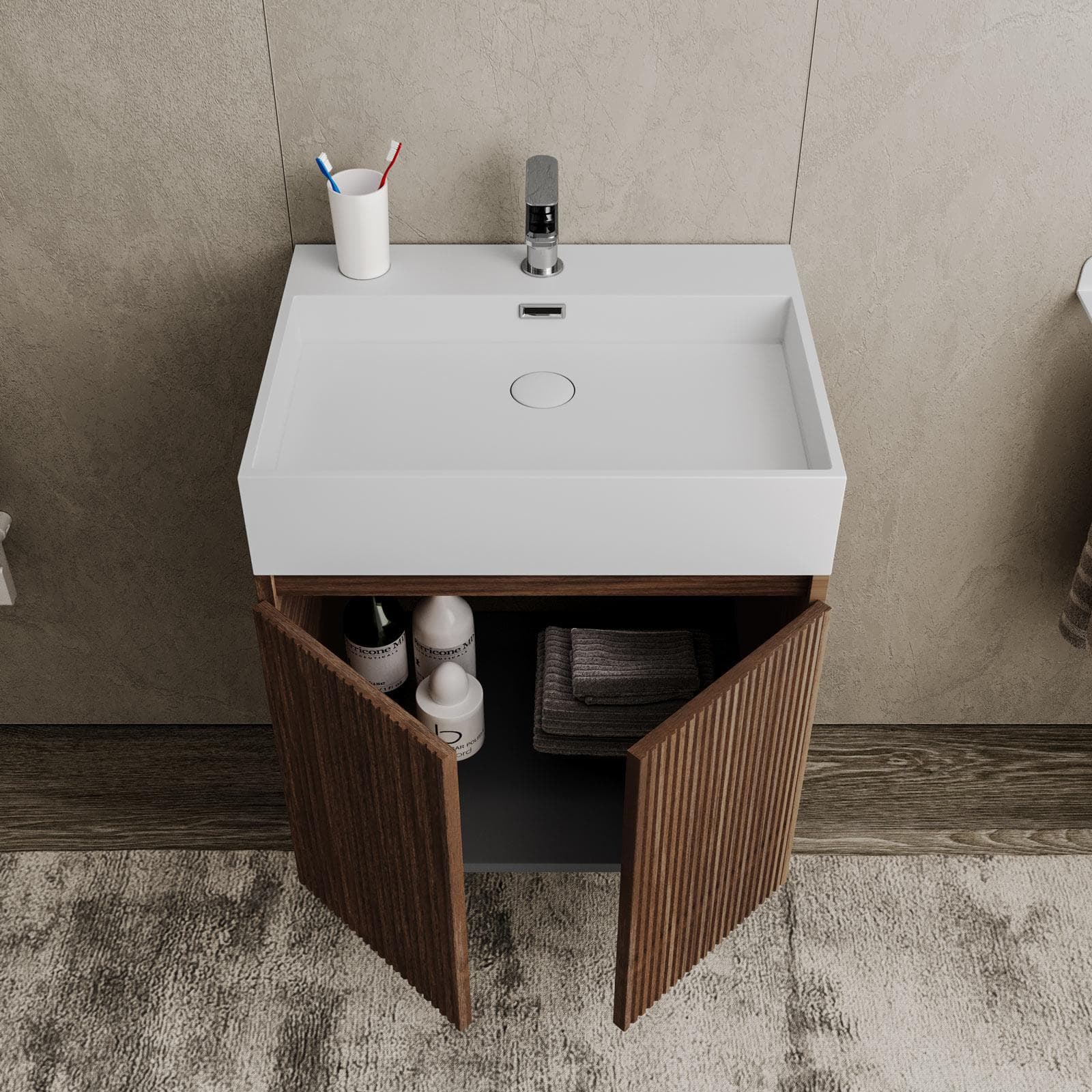 Mobile bagno sospeso 60 cm rovere deciso cannettato con ante e lavabo con specchio - Nerk