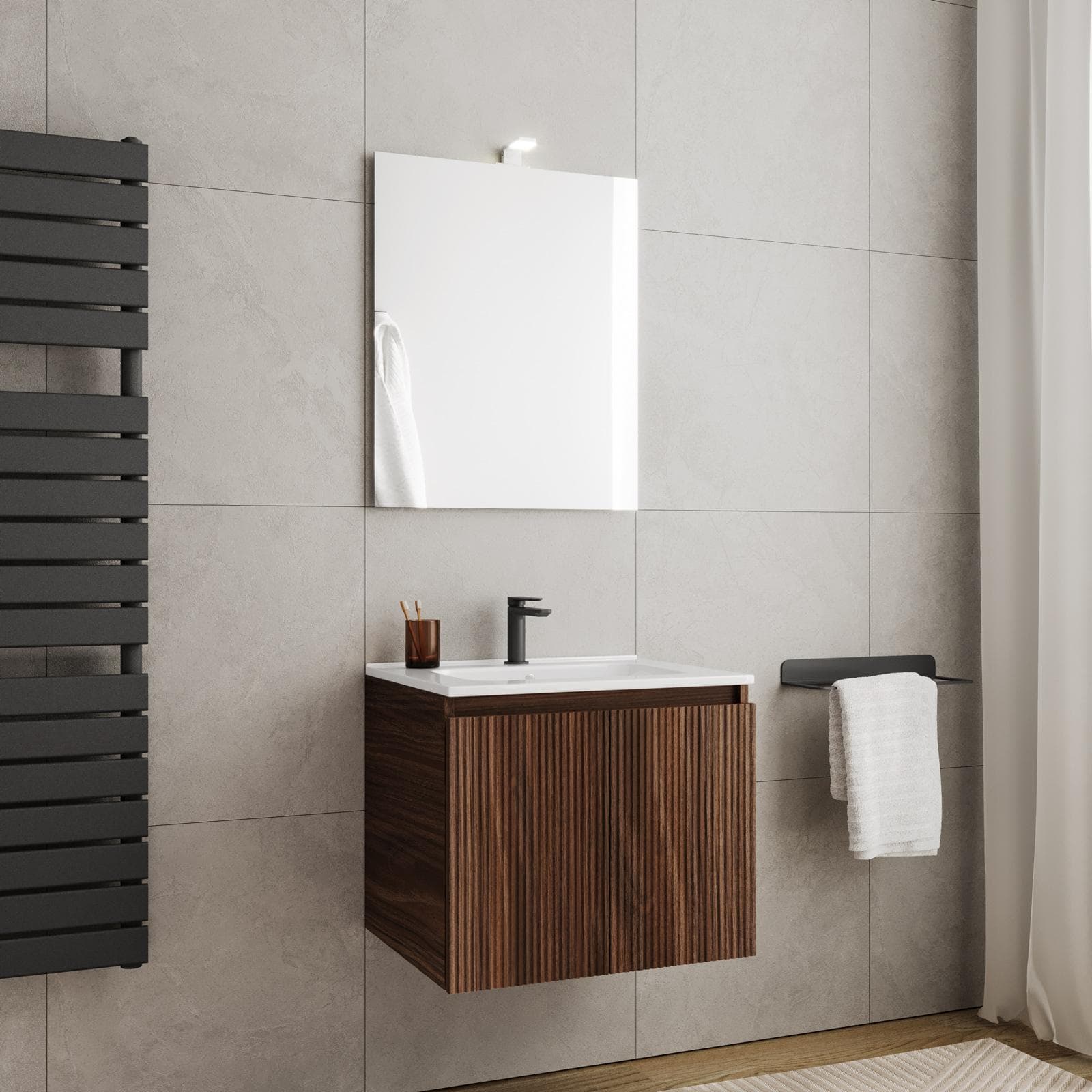 Mobile bagno sospeso 60 cm rovere deciso cannettato con lavabo e specchio - Nerk