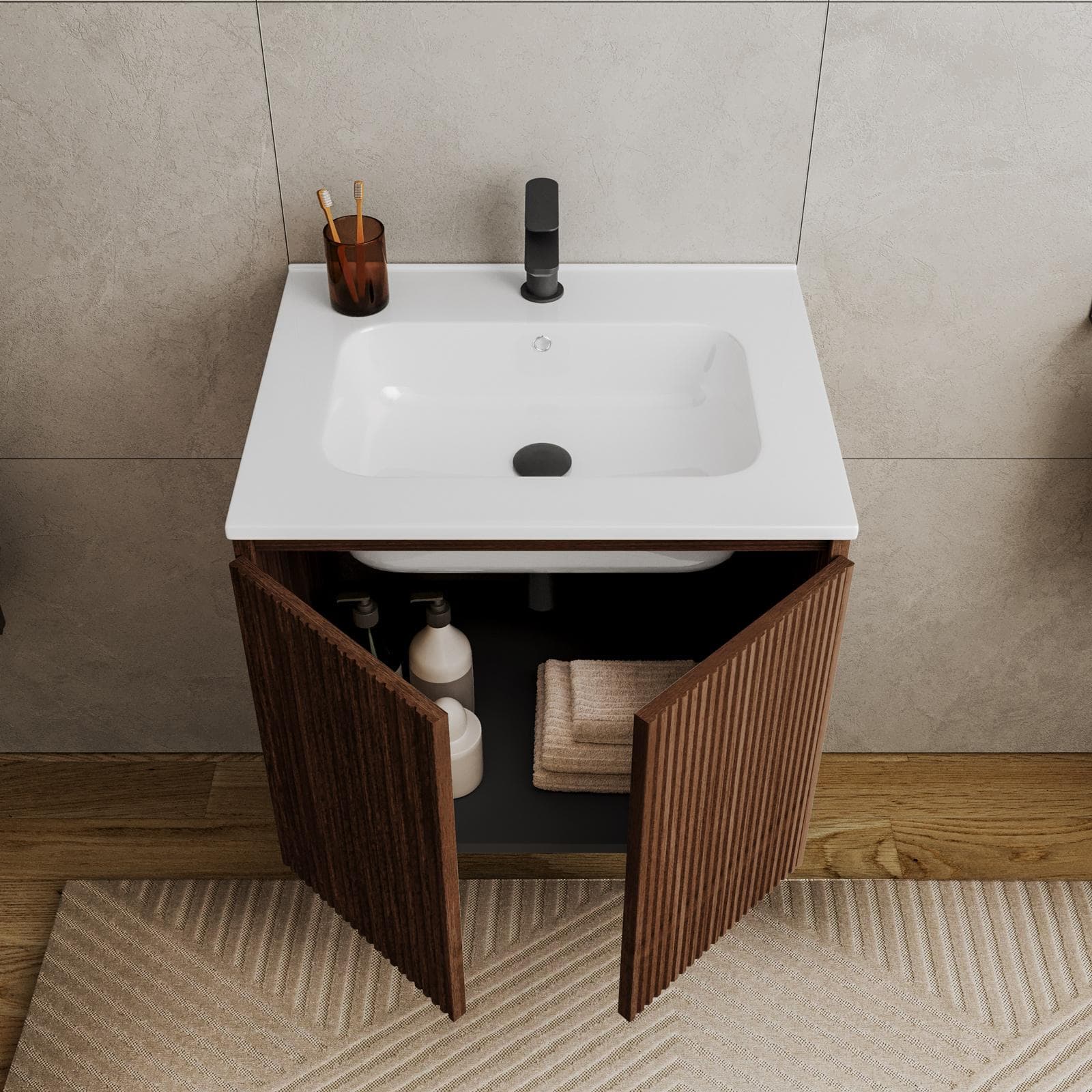 Mobile bagno sospeso 60 cm rovere deciso cannettato con lavabo e specchio - Nerk