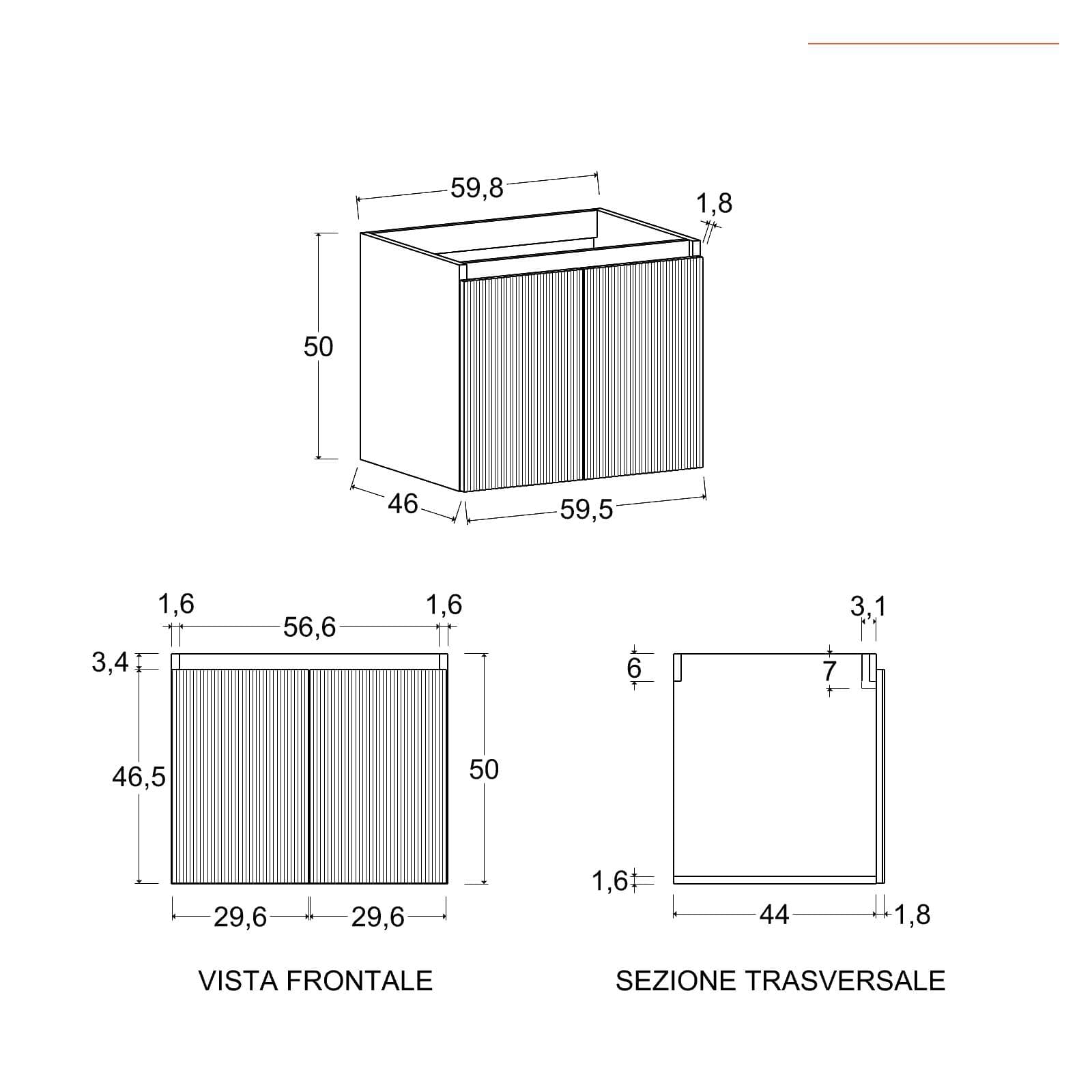 Mobile bagno sospeso 60 cm rovere deciso cannettato con lavabo e specchio - Nerk