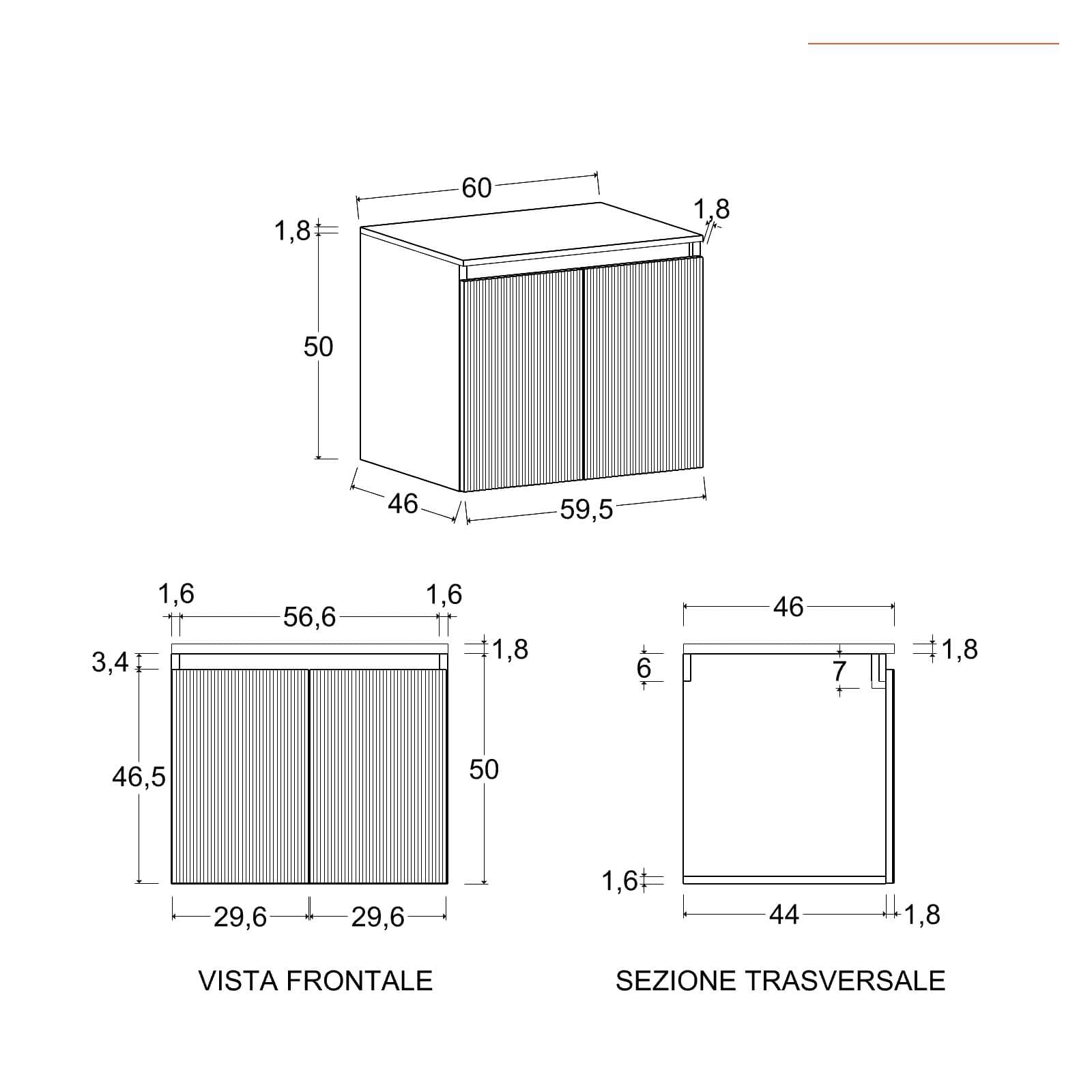 Mobile bagno sospeso 60 cm rovere deciso cannettato con top e specchio - Nerk