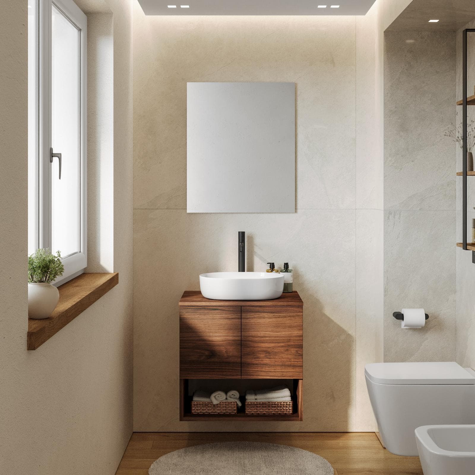 Mobile bagno sospeso 60 cm rovere deciso con top e specchio - Lion
