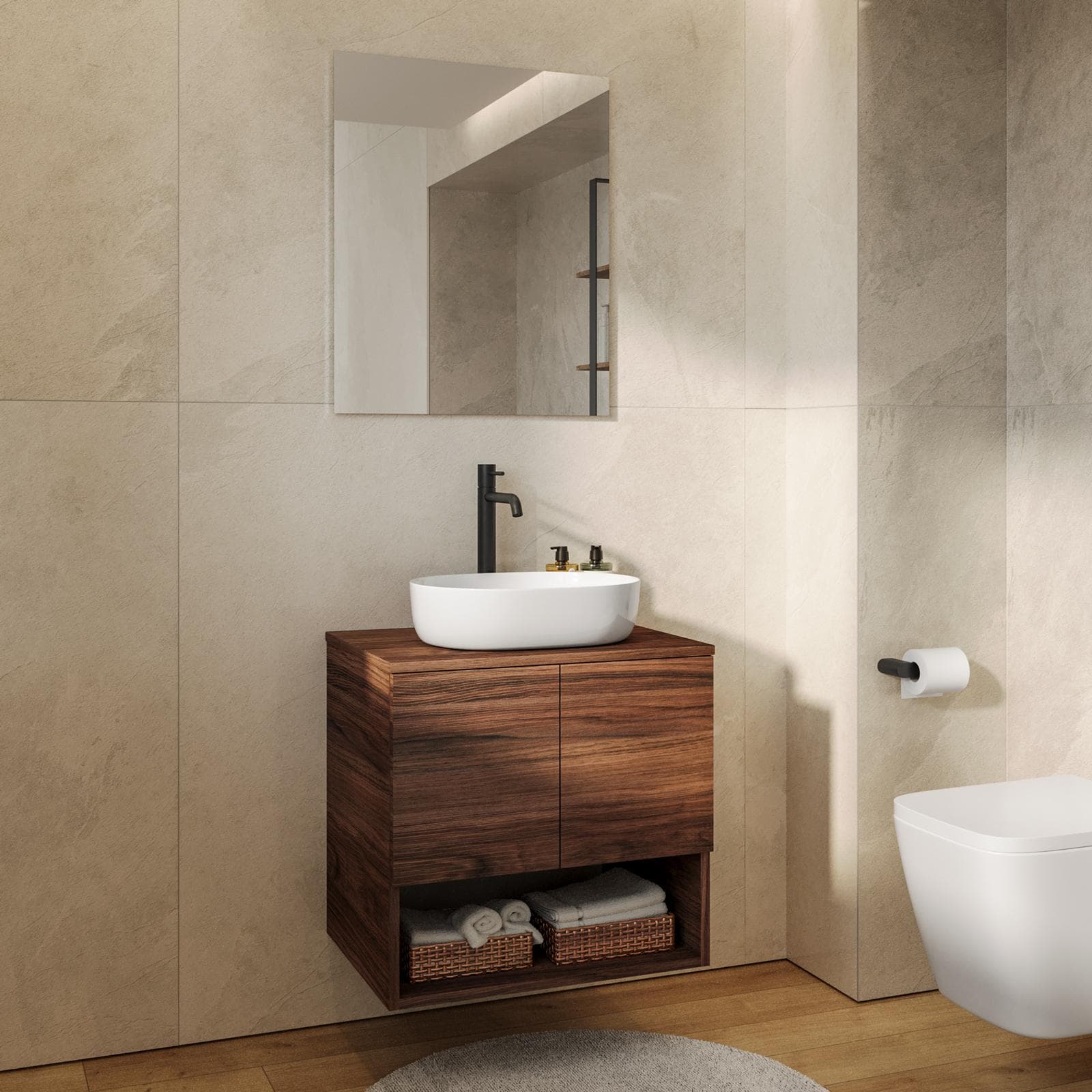 Mobile bagno sospeso 60 cm rovere deciso con top e specchio - Lion