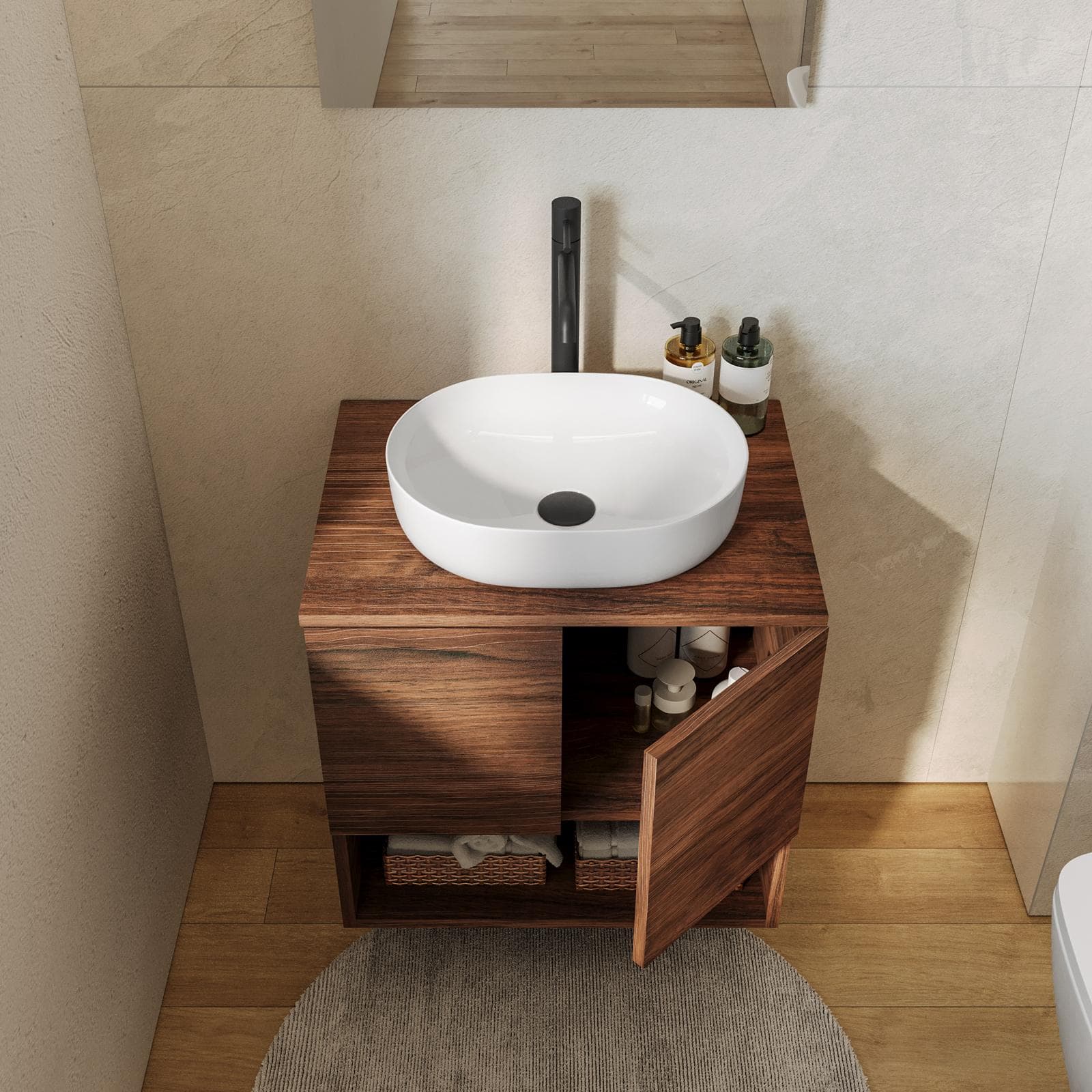 Mobile bagno sospeso 60 cm rovere deciso con top e specchio - Lion