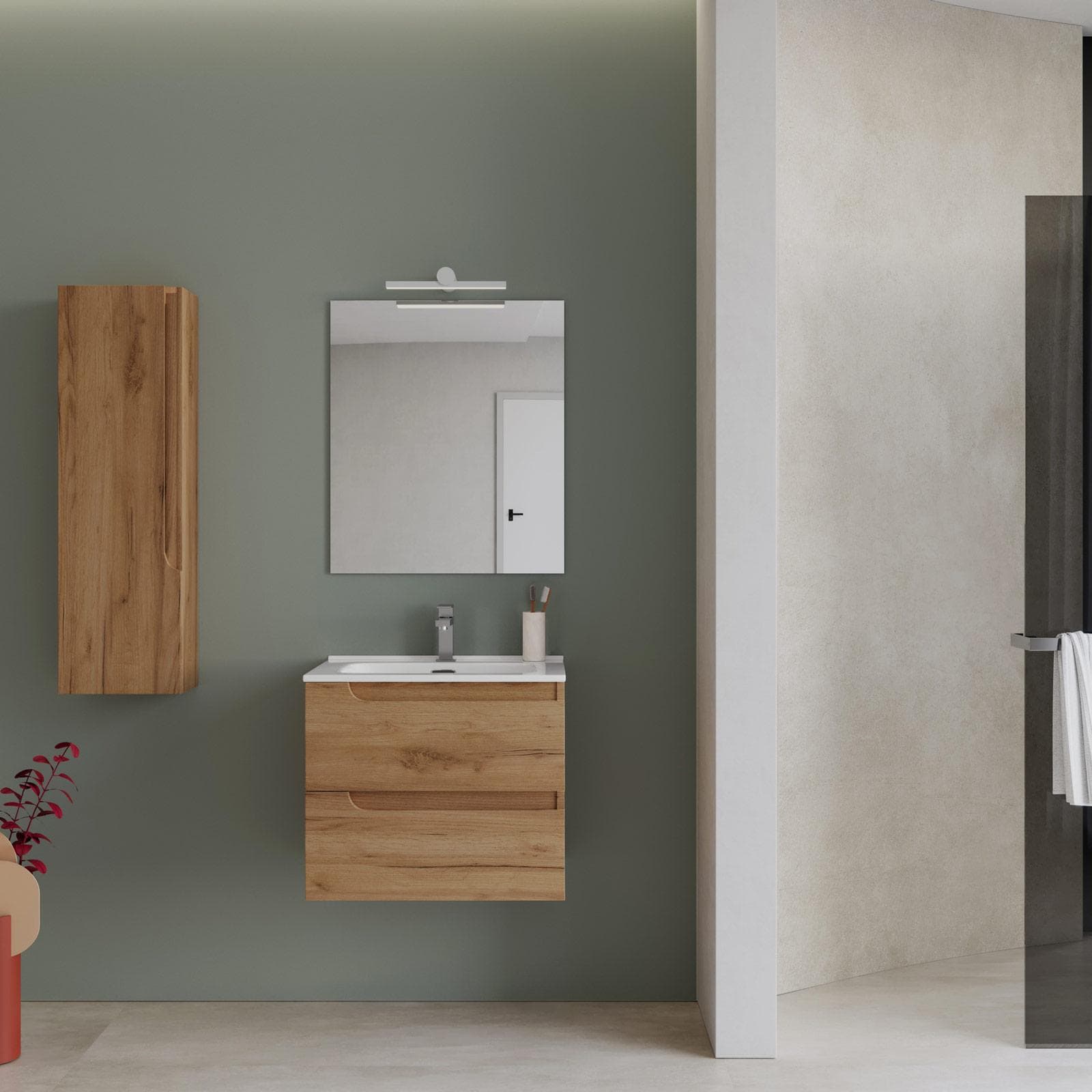 Mobile bagno sospeso 60 cm rovere gold con lavabo e specchio - Agave Plus