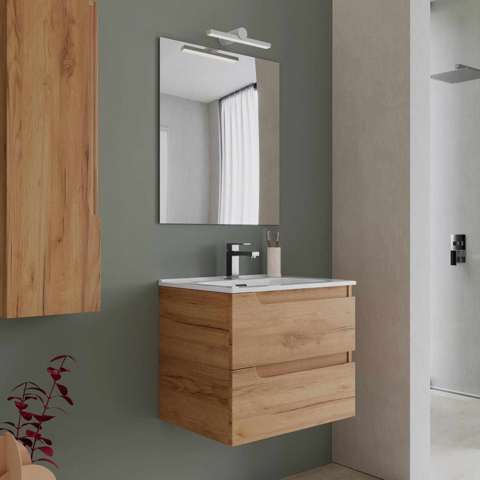 Mobile bagno sospeso 60 cm rovere gold con lavabo e specchio - Agave Plus