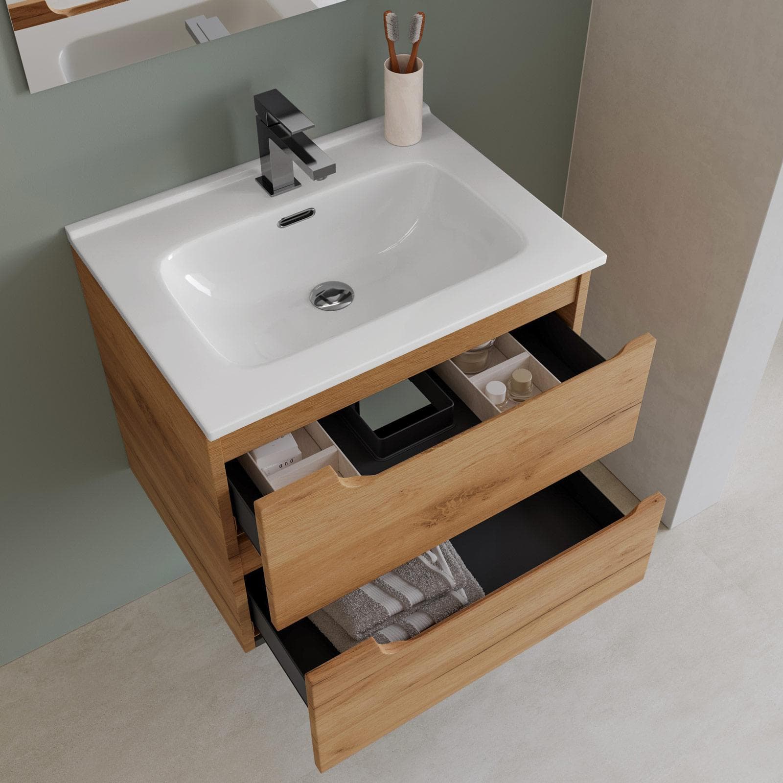 Mobile bagno sospeso 60 cm rovere gold con lavabo e specchio - Agave Plus