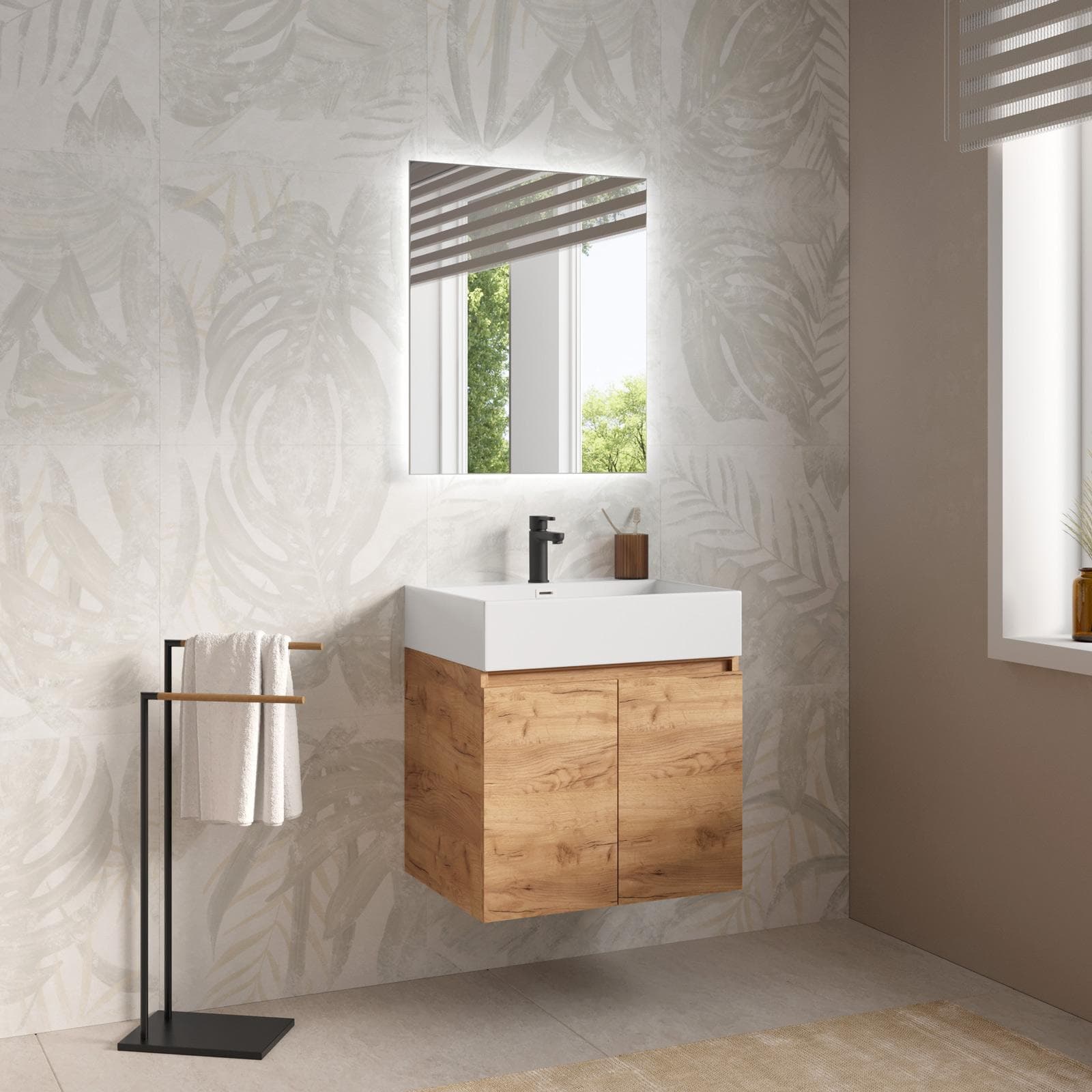 Mobile bagno sospeso 60 cm rovere gold con lavabo integrato e specchio - Cuki