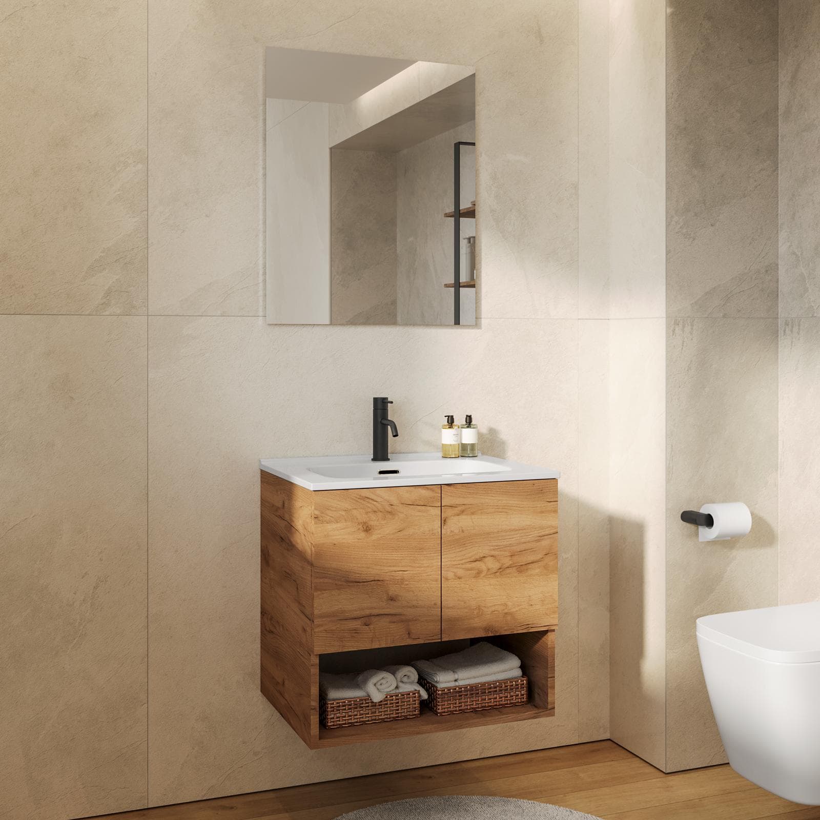 Mobile bagno sospeso 60 cm rovere gold con lavabo integrato e specchio - Lion
