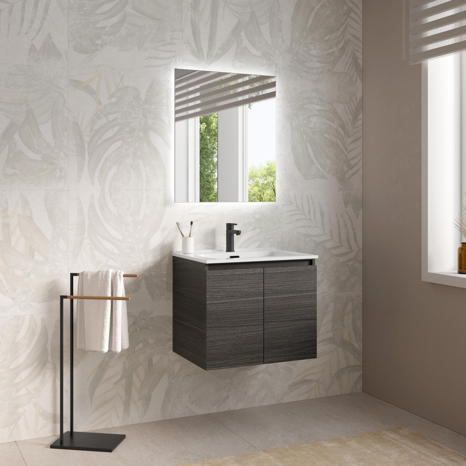 Mobile bagno sospeso 60 cm rovere grigio con lavabo e specchio - Cuki