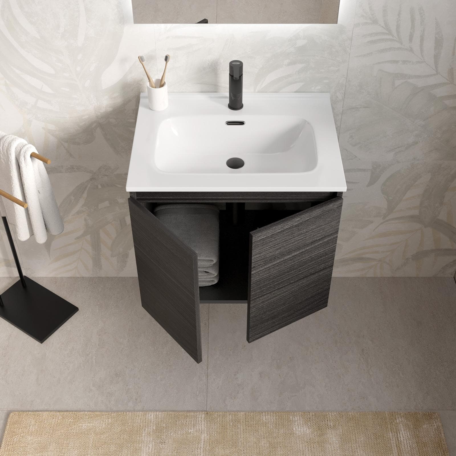 Mobile bagno sospeso 60 cm rovere grigio con lavabo e specchio - Cuki