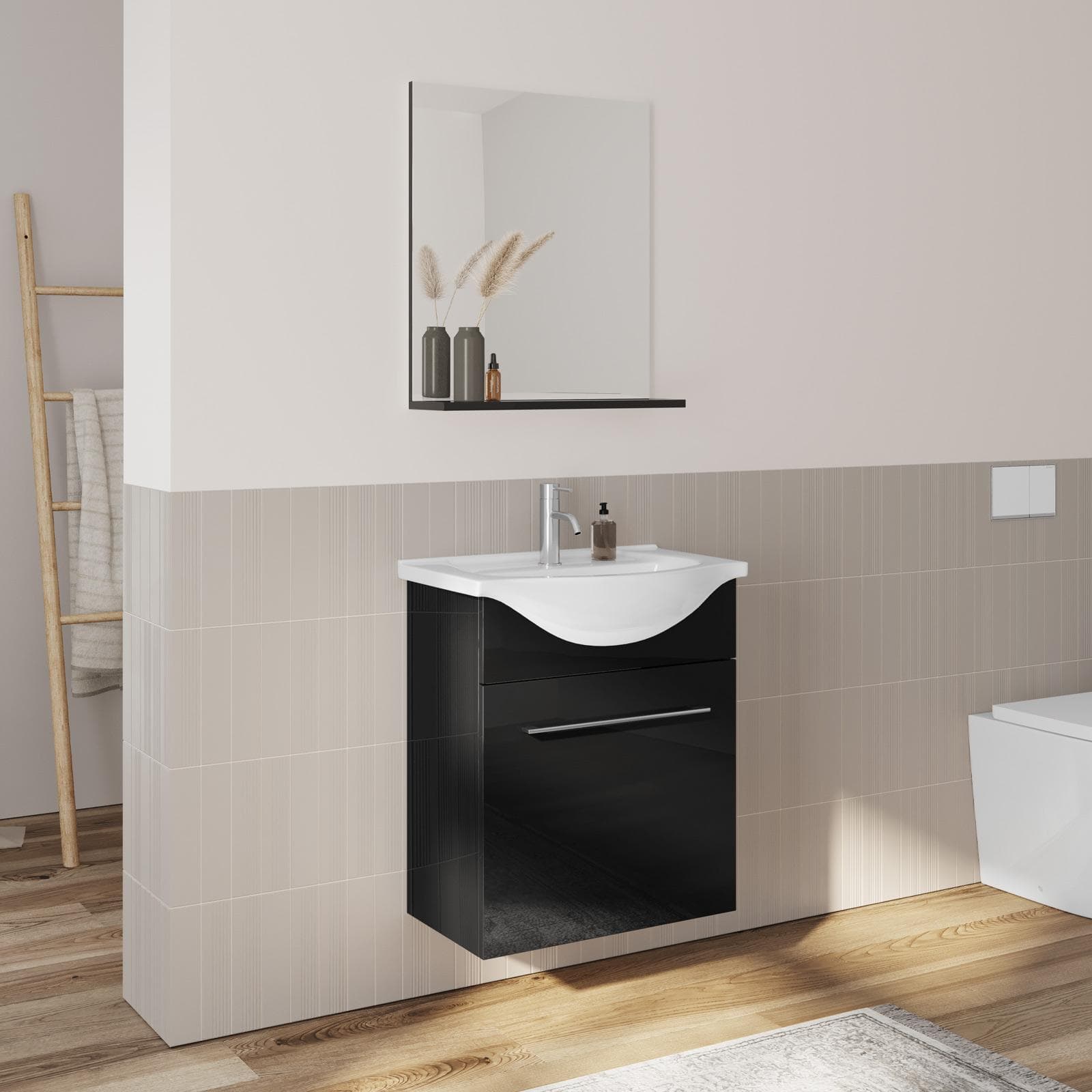 Mobile bagno sospeso 60 cm profondità 42 cm nero lucido con specchio e mensolina - Ready