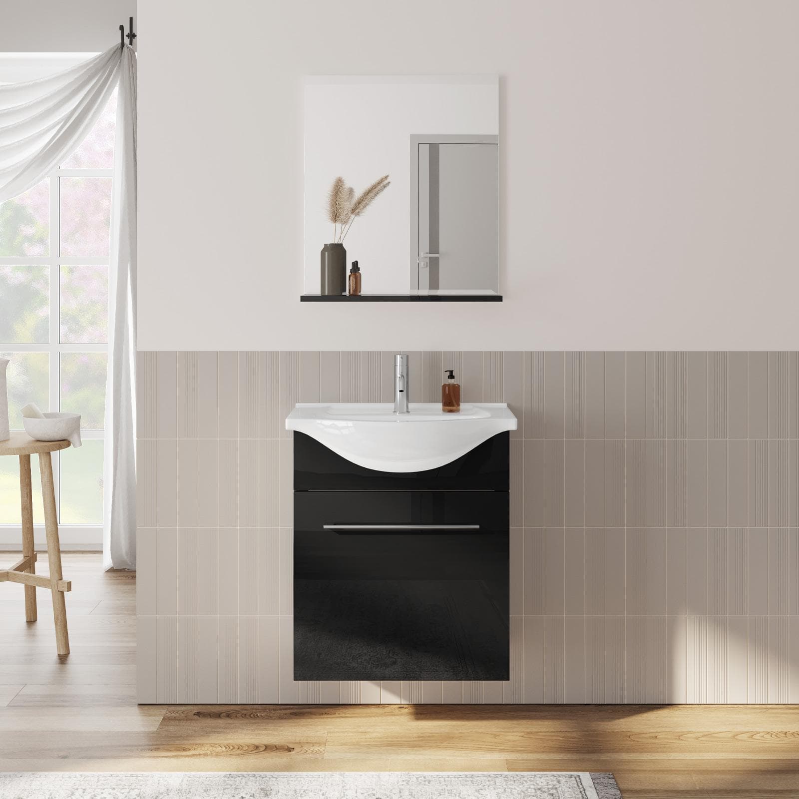 Mobile bagno sospeso 60 cm profondità 42 cm nero lucido con specchio e mensolina - Ready
