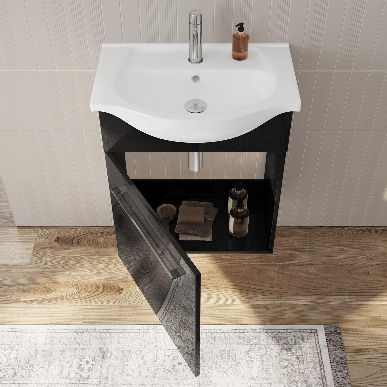Mobile bagno sospeso 60 cm profondità 42 cm nero lucido con specchio e mensolina - Ready