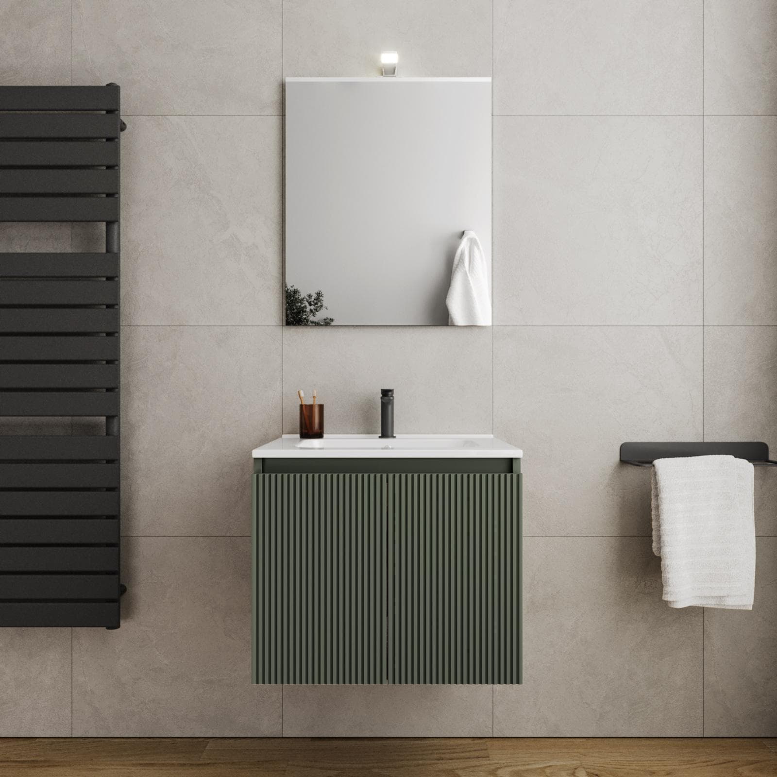 Mobile bagno sospeso 60 cm verde cemento cannettato con lavabo e specchio - Nerk