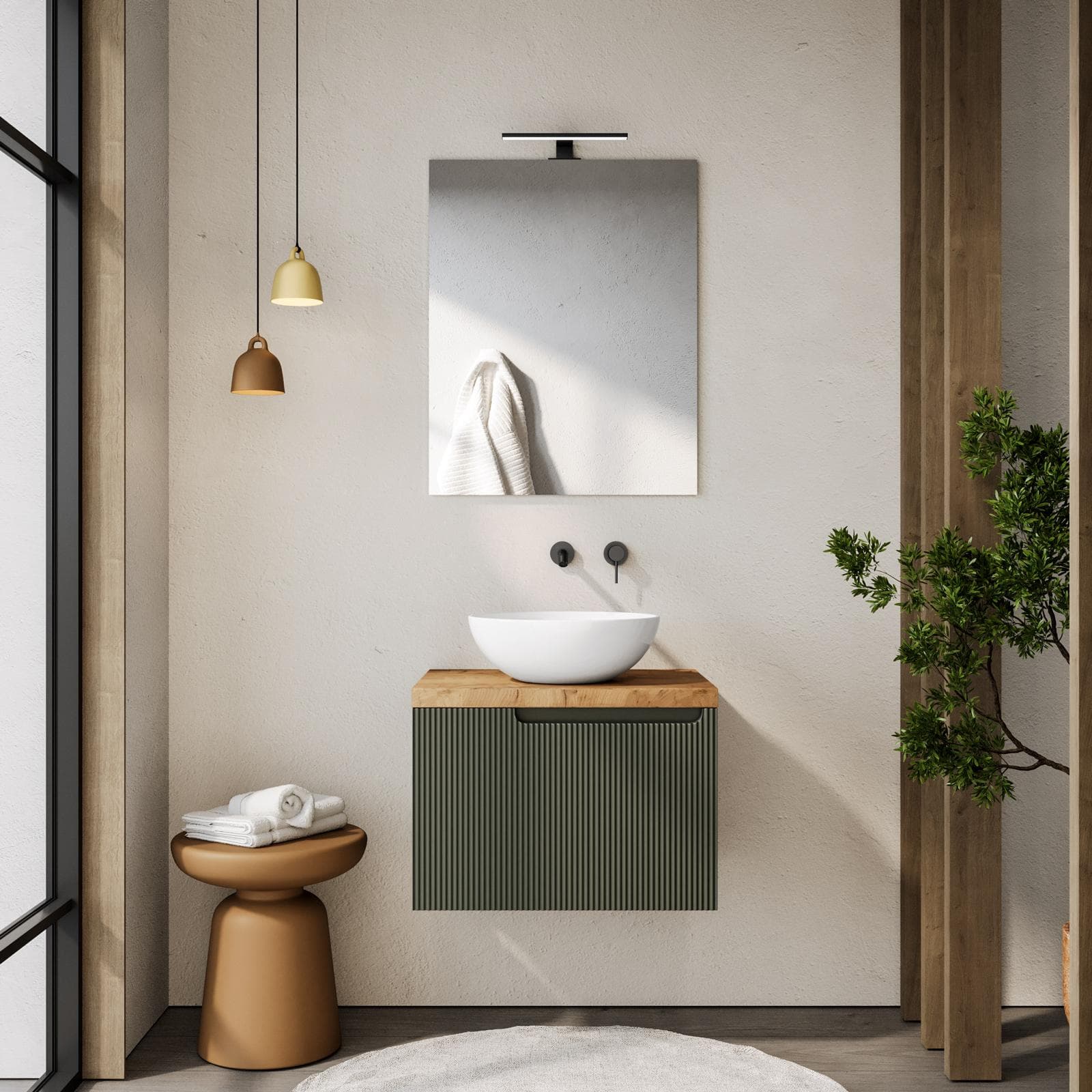 Mobile bagno sospeso 60 cm verde cemento cannettato con top rovere gold e specchio - Konai